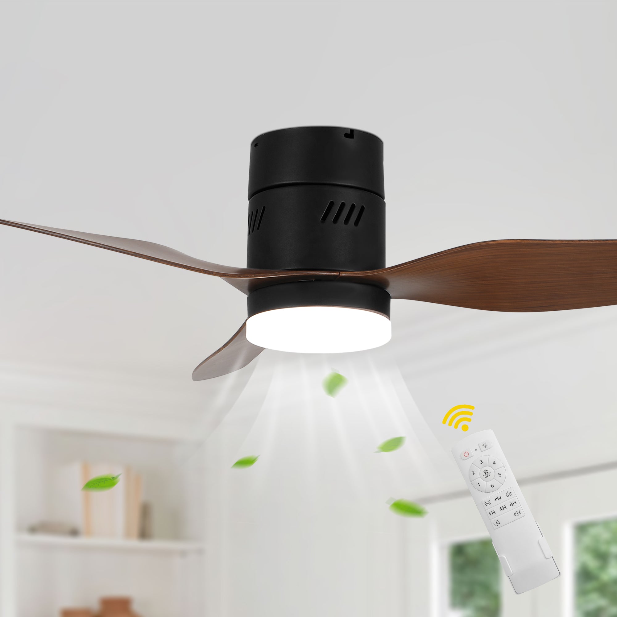 DC4601GED-BellaDepot 46" 3 Blades Simple Modern Flush Mounted Reversible Ceiling Fan with Remote and LED Light Kit Included, 6-speed Dimmable Ceiling Fan