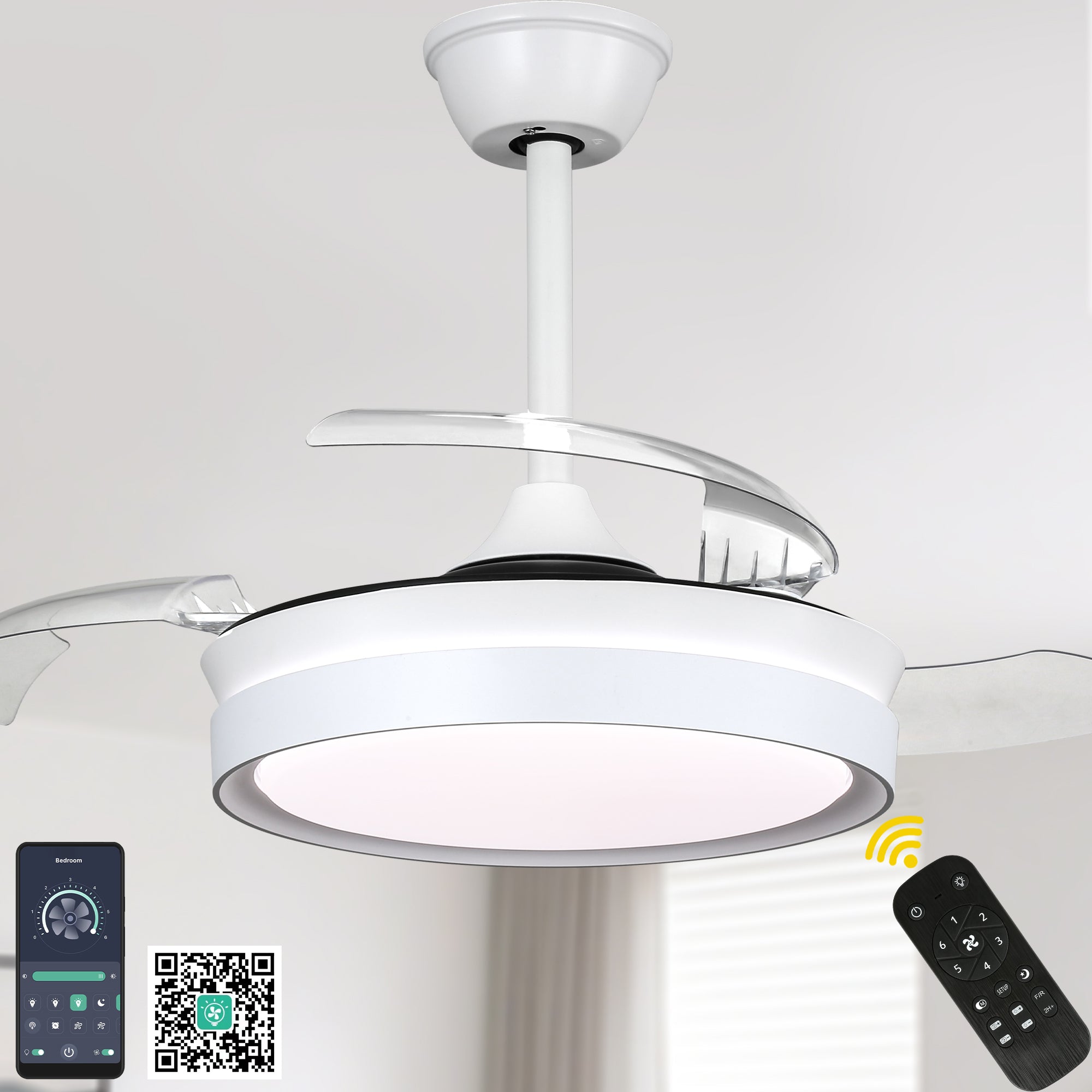 36 Inch Black/Gold/White Modern Smart Retractable Ceiling Fan with LED Light and Remote, 6 Speeds DC Motor Bladeless Ceiling Fan