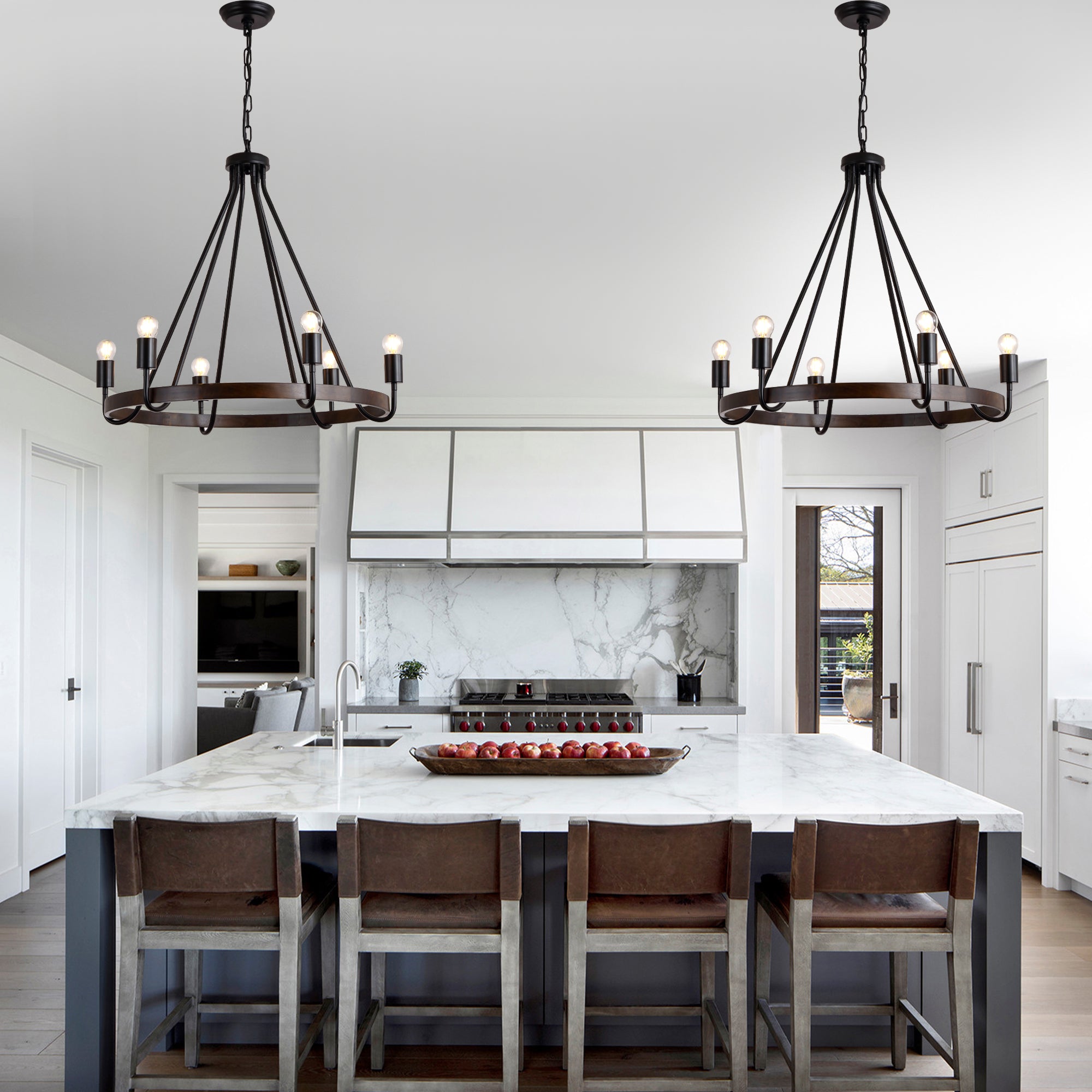 6 - Light Black Farmhouse Small Wagon Wheel Chandelier, 28" Round Chandelier Foyer Chandeliers with Height Adjustable