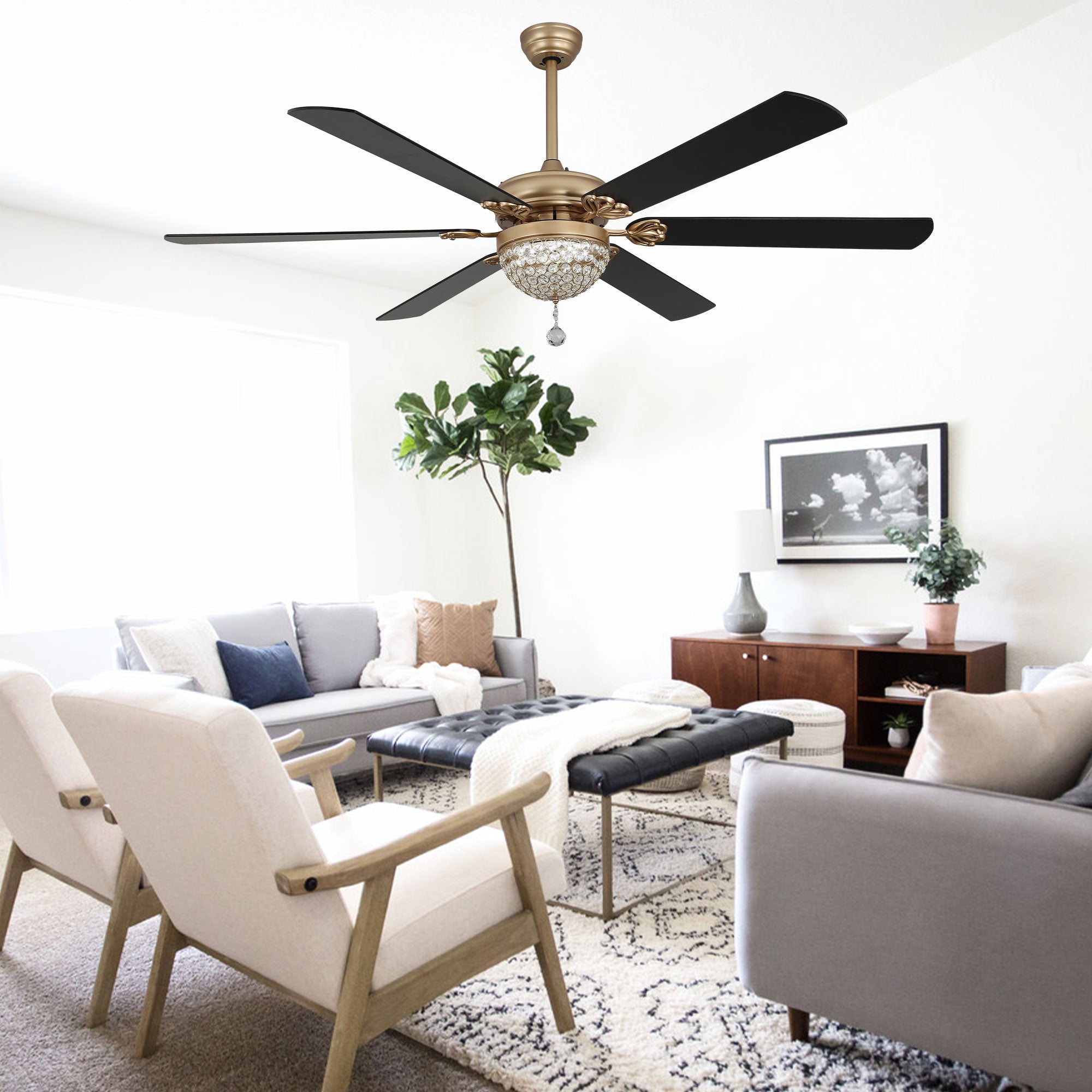 DC6503-BellaDepot 65" 6 Wooden Blades Black/Silver Finish Luxury Crystal Reversible Ceiling Fan with Remote and LED Light Kit Included, Large Size Dimmable Ceiling Fan