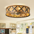 23 Inch Bohemian Rattan Flush Mount Ceiling Fan with Lights and Remote, 6 Speeds DC Motor Farmhouse Low Profile Bladeless Ceiling Fan