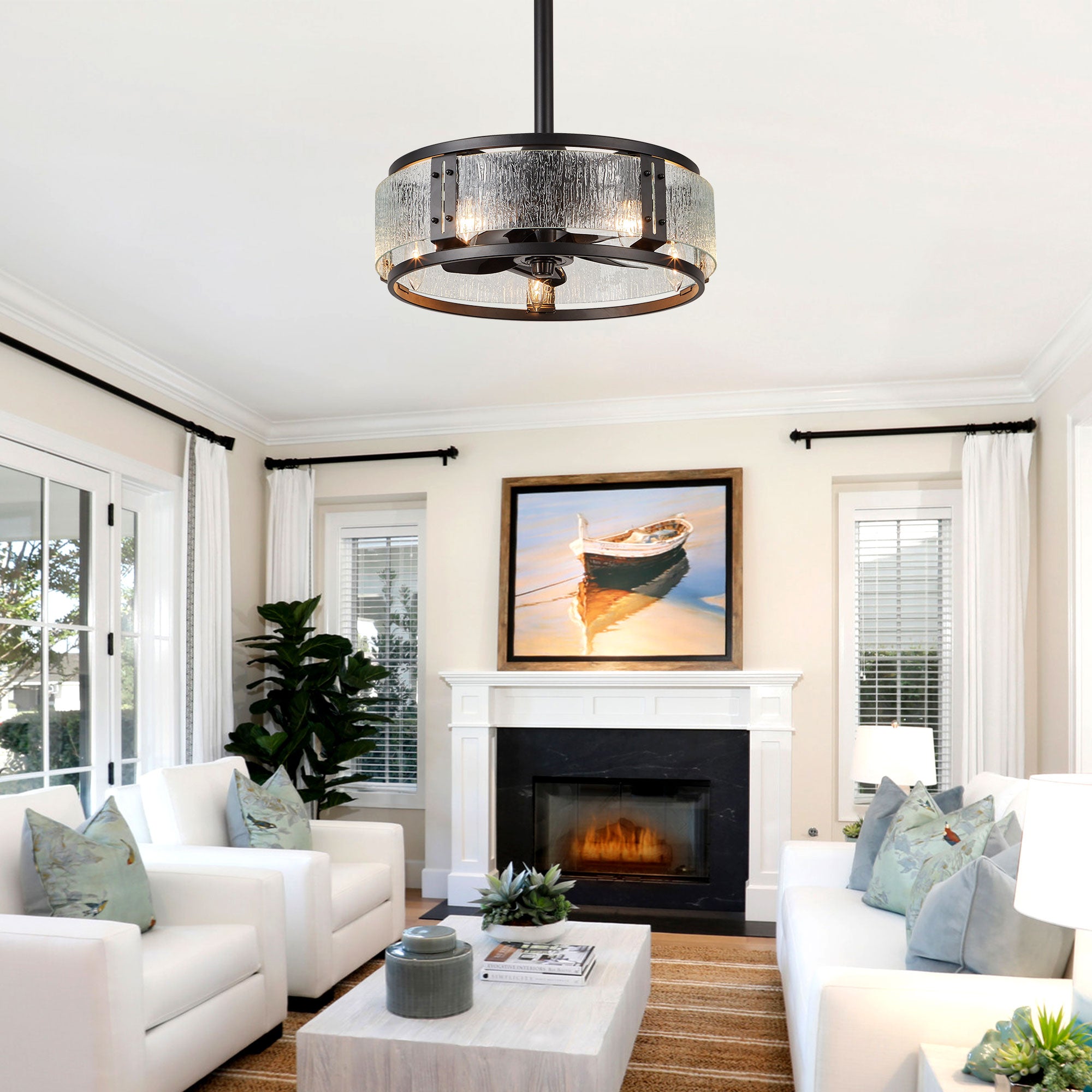 GED004-BellaDepot 18" Modern Water Ripple Glass Reversible Ceiling Fan with Remote and 5 Lights