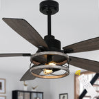 52 Inch Black Farmhouse Ceiling Fan with Lights and Remote Control, 6 Speeds DC Motor Reversible Caged Ceiling Fan