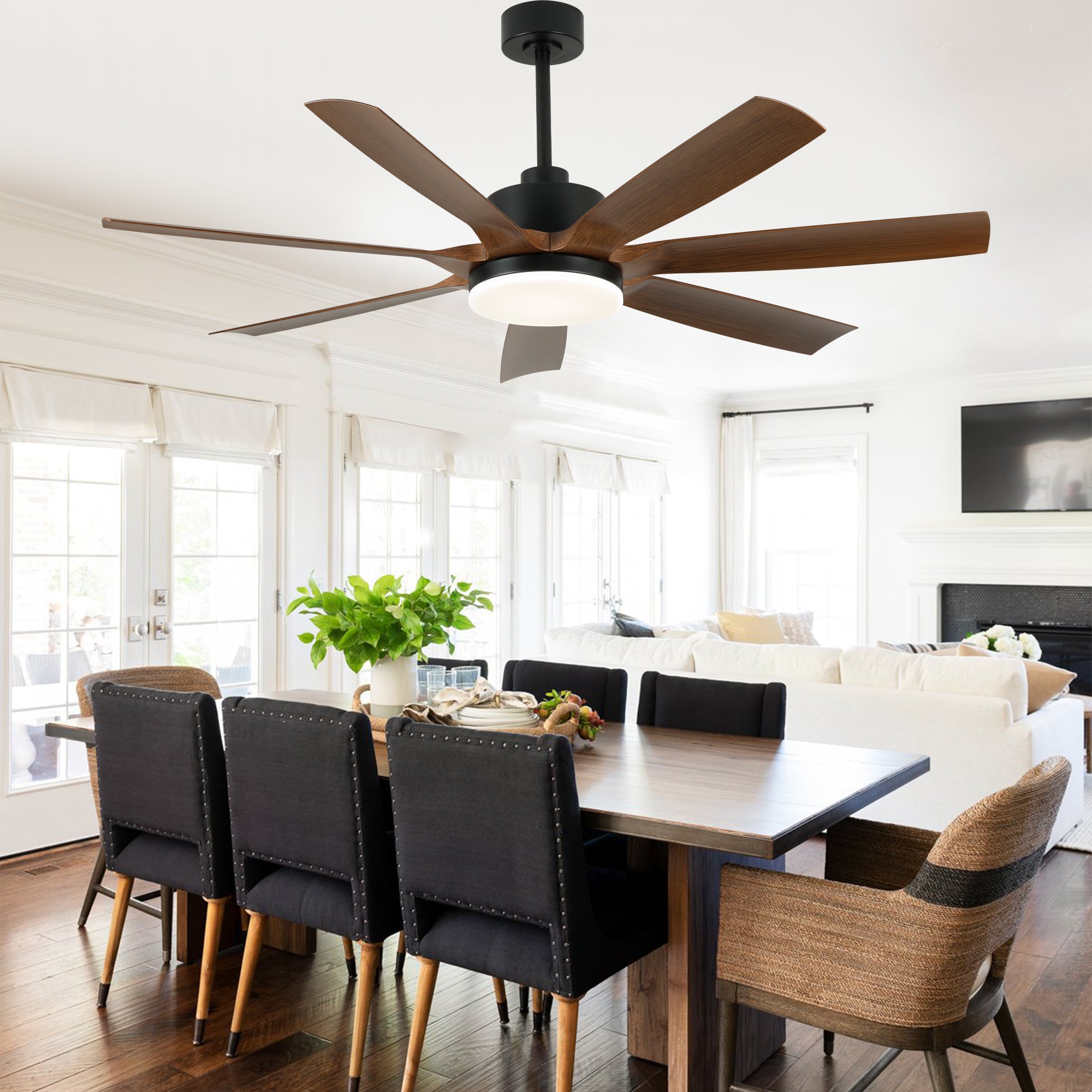 60 Inch 6-Blade Black Farmhouse Large Ceiling Fan with LED Lights and Remote Control, 6 Speeds Reversible Ceiling Fan
