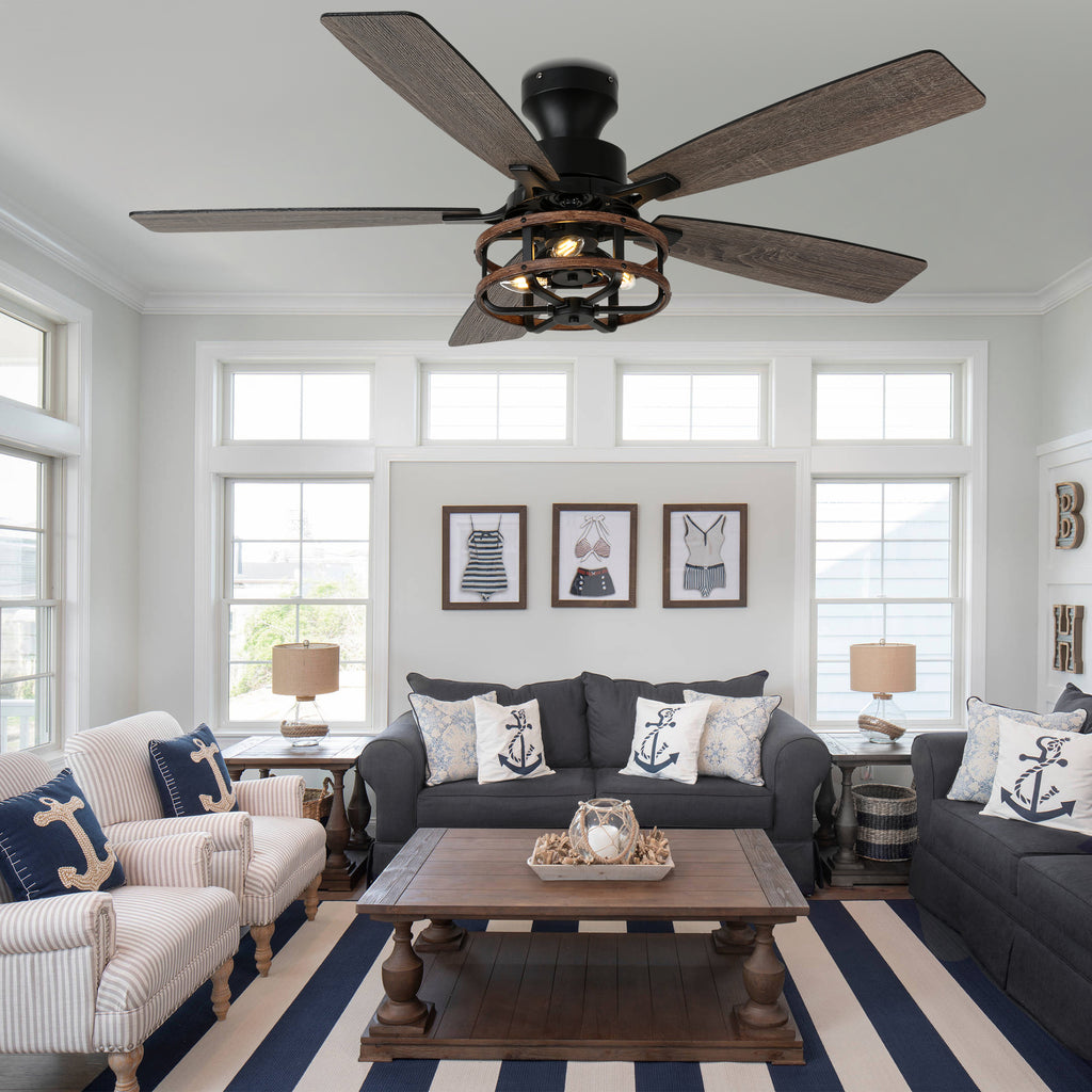 52 Inch Farmhouse Flush Mount Ceiling Fan with Lights and Remote, 6 Speeds DC Motor Reversible Low Profile Ceiling Fan for Living Room