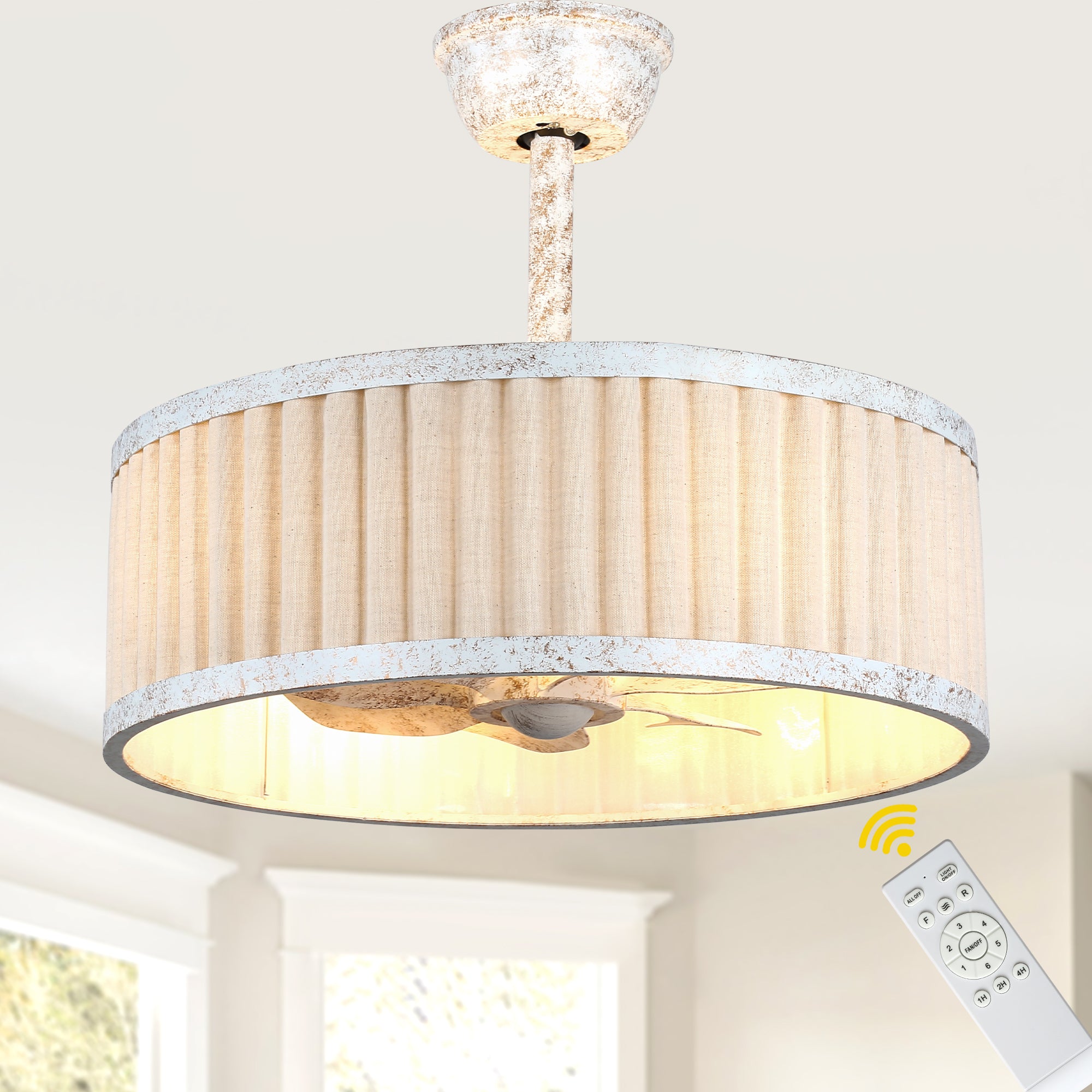 20 Inch Vintage Drum Cage Ceiling Fan with Light and Remote, 6-Speed DC Motor Distressed White Bladeless Ceiling Fan for Bedroom