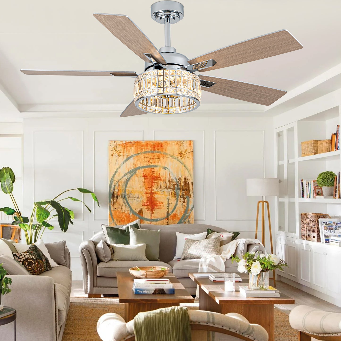 BellaDepot 52" Luxury Crystal Caged Chrome Ceiling Fan with Remote Control, 6 Speeds Ceiling Fan with Lights for Living Room- DC5227-MD