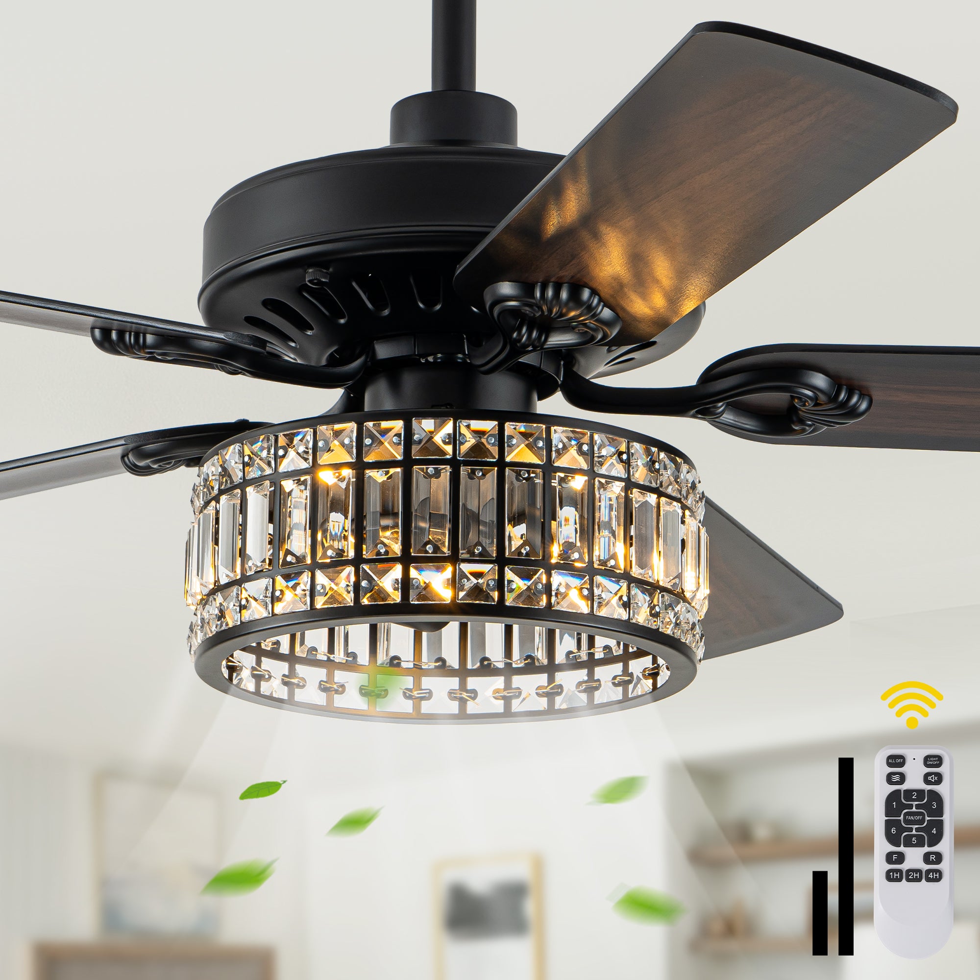 Luxury 52 Inch Crystal Caged Ceiling Fan with Light Reversible Wood Blades Quiet DC Motor Ceiling Fan Remote Control Timing Ceiling Fan Suit for Living Room, Kitchen, Bedroom