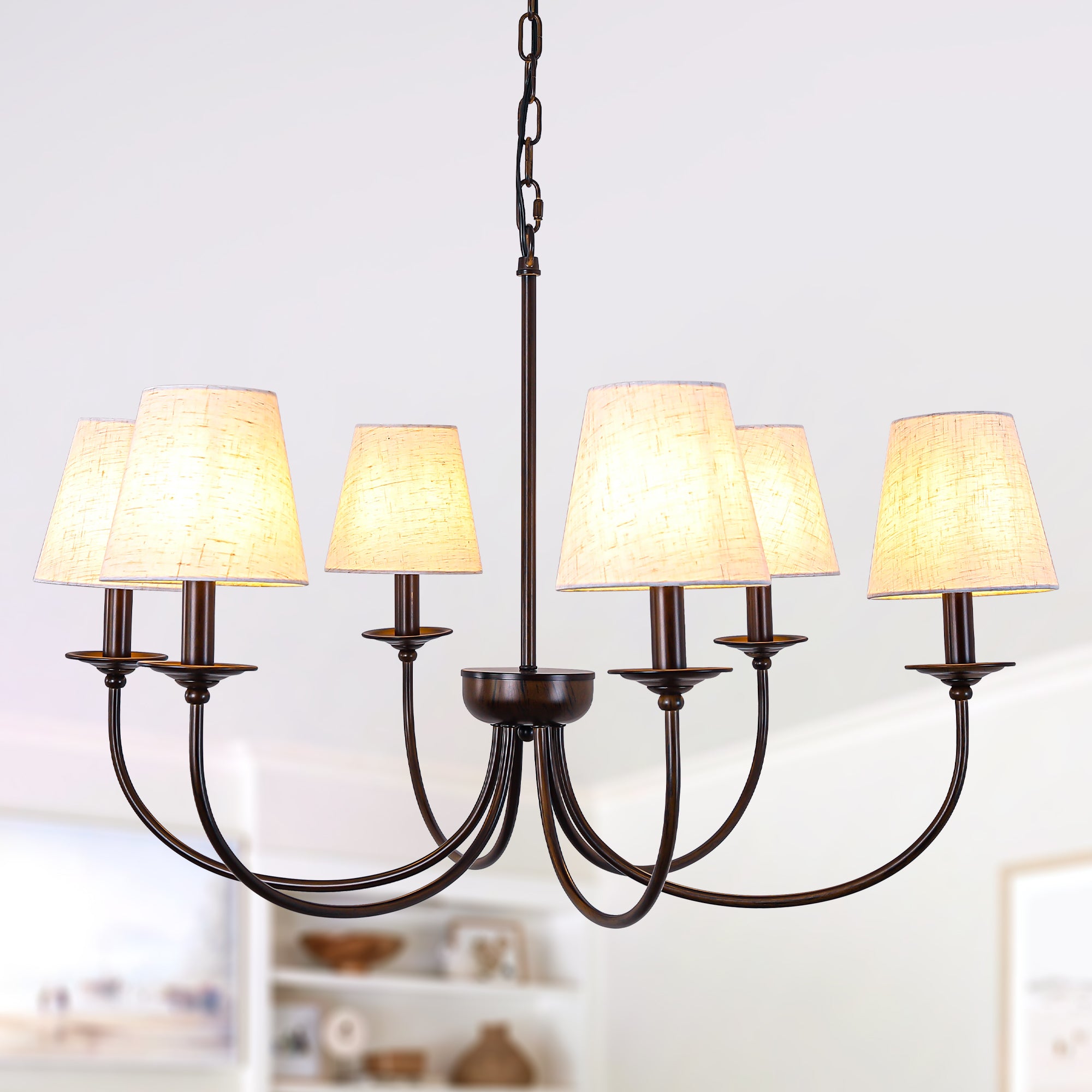 6-Light Black Farmhouse Chandelier with Fabric Shades, 30 Inch Classic Dining Room Light Fixture, Adjustable Pendant Lighting for Kitchen Island