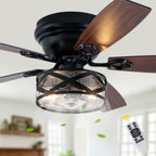 Farmhouse 52 Inch Caged  Flush Mount Ceiling Fan with Light Quiet Reversible DC Motor with 5 Fan Blades Ceiling Fan with Light Remote Control Adjustable 6 Speed Ceiling Fan with Light Suit for Bedrooms, Living Rooms, Kitchens
