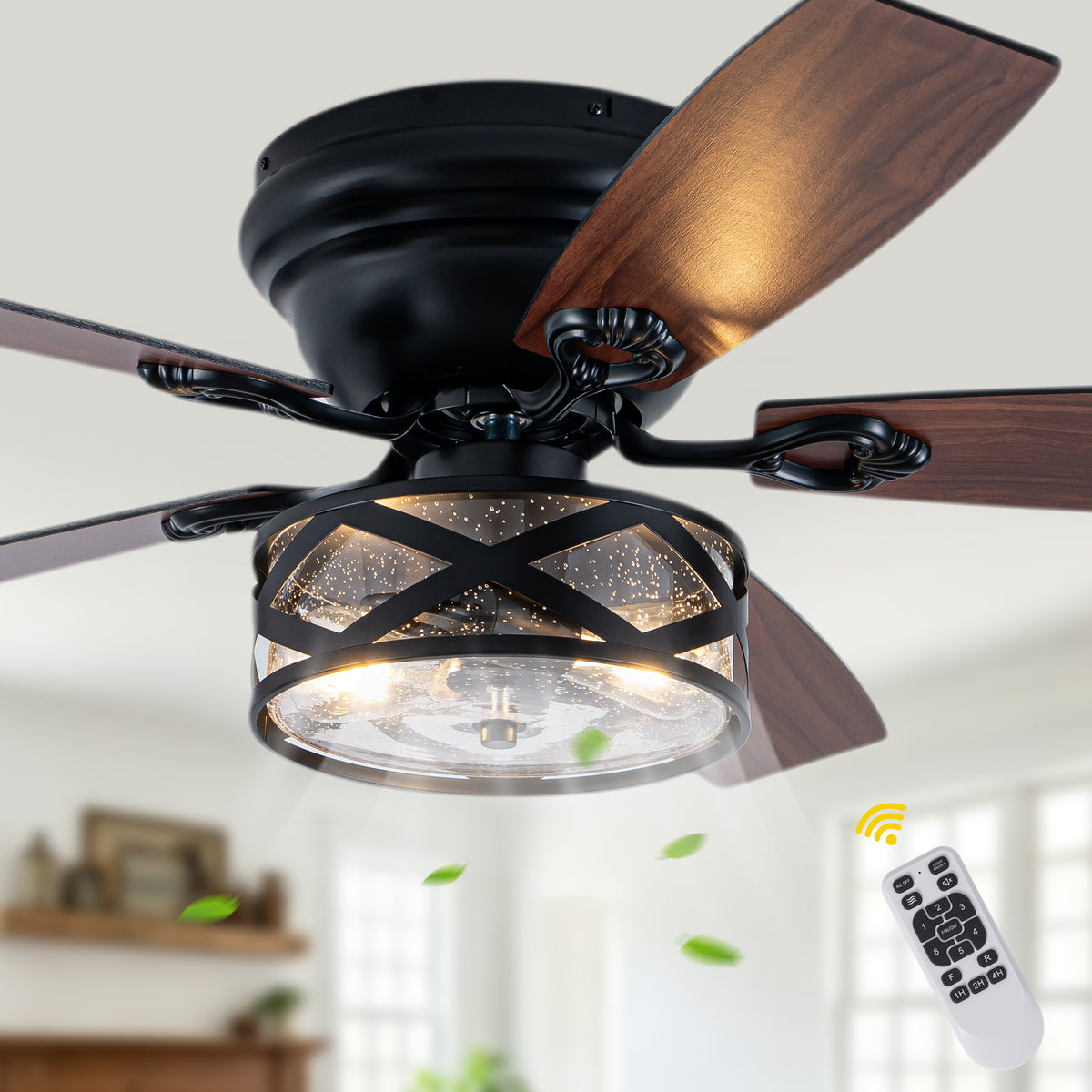 Farmhouse 52 Inch Caged  Flush Mount Ceiling Fan with Light Quiet Reversible DC Motor with 5 Fan Blades Ceiling Fan with Light Remote Control Adjustable 6 Speed Ceiling Fan with Light Suit for Bedrooms, Living Rooms, Kitchens