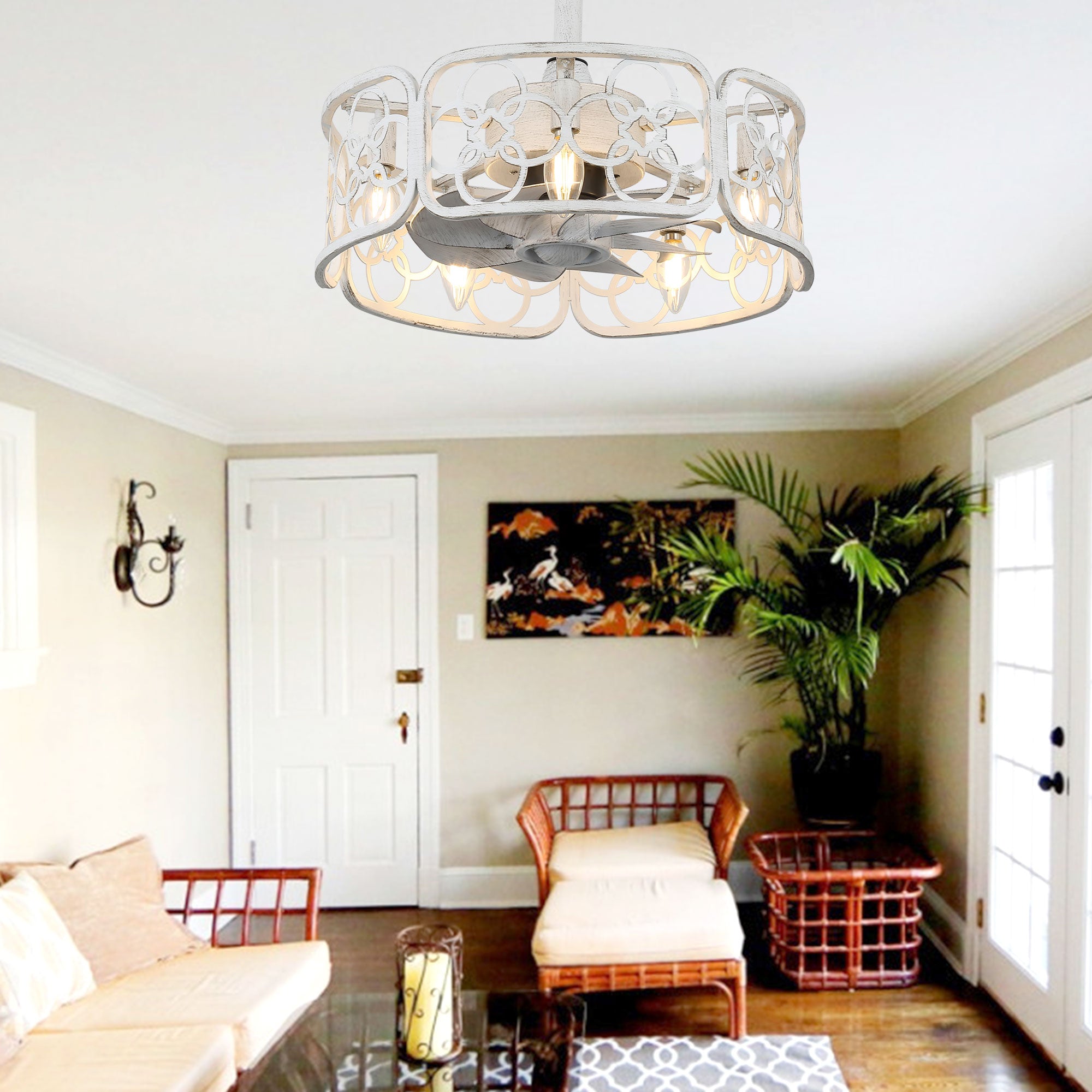 BD1814-BellaDepot 18.1" Farmhouse Distressed Metal Caged Reversible Ceiling Fan with Remote and 5 Lights