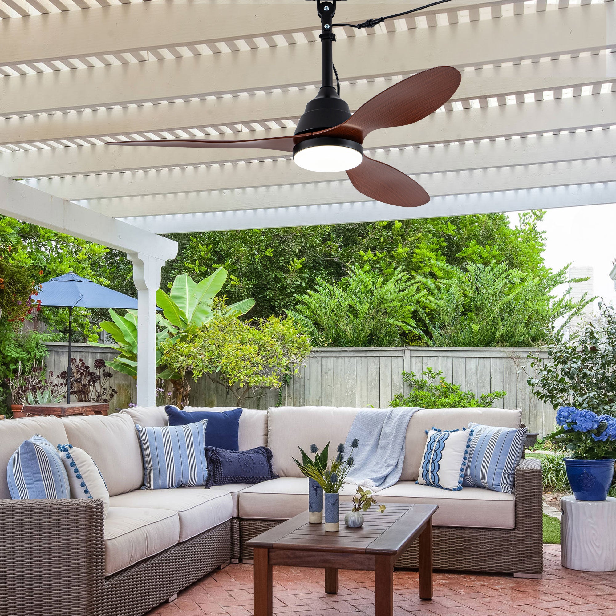 42 Inch Modern Farmhouse Smart Outdoor Ceiling Fan with Dimmable LED and Remote, 6-Speed 3-Blade Waterproof Ceiling Fans Plug In Outside Patio Fan