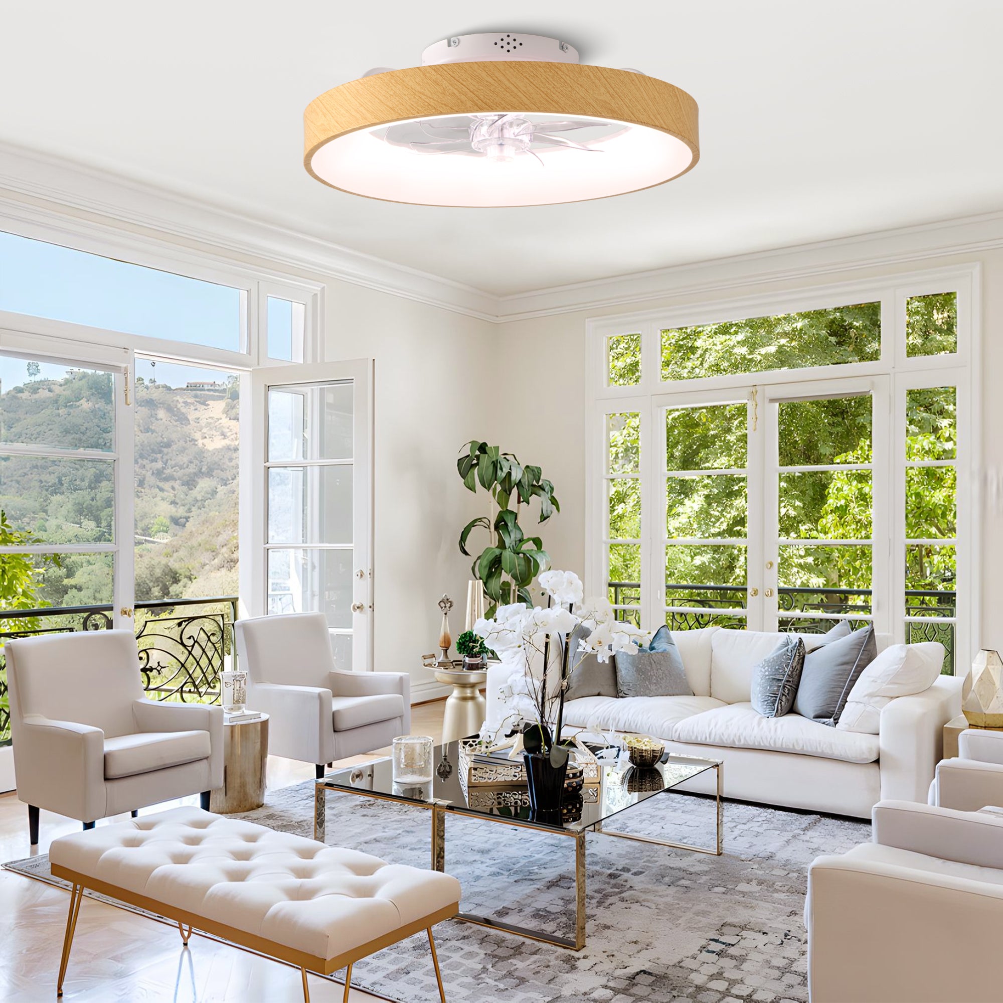 20 Inch Modern Smart Flush Mount Ceiling Fan with Dimmable LED Light, 6-Speed DC Motor Bladeless Ceiling Fan with Remote
