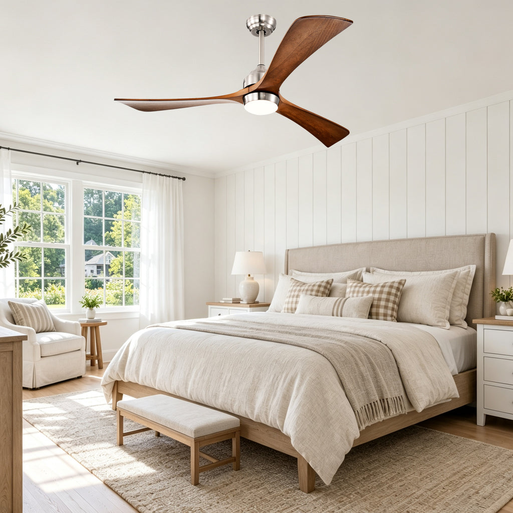 52 Inch Modern Farmhouse Stain Nickel Solid Wood Blade Ceiling Fan with Lights & Remote Control, 6 Speed DC Motor Reversible Ceiling Fan