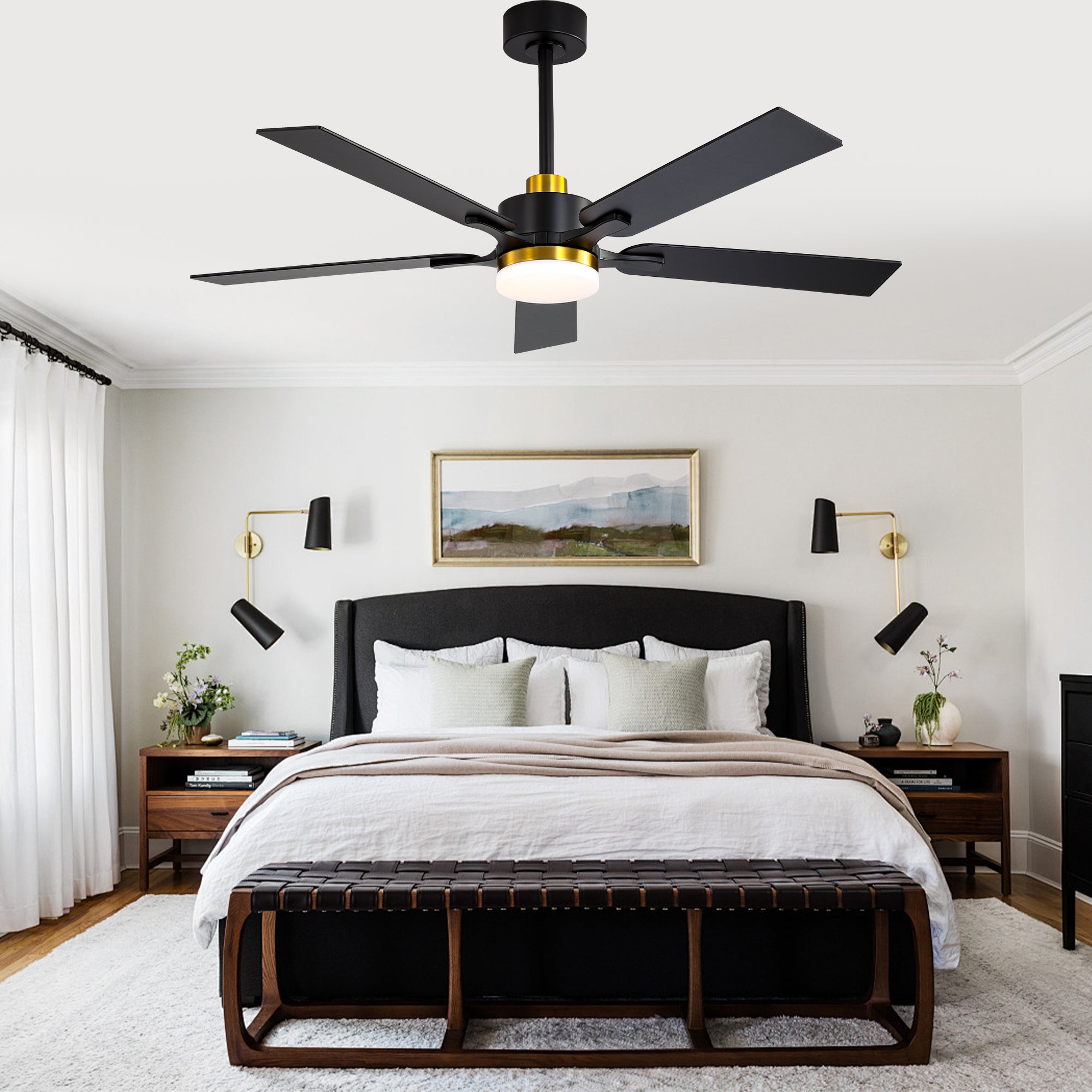 52 Inch Modern Ceiling Fan with LED Light and Remote Control, 6 Speeds Quiet DC Motor Black and Gold Ceiling Fan for Living Room