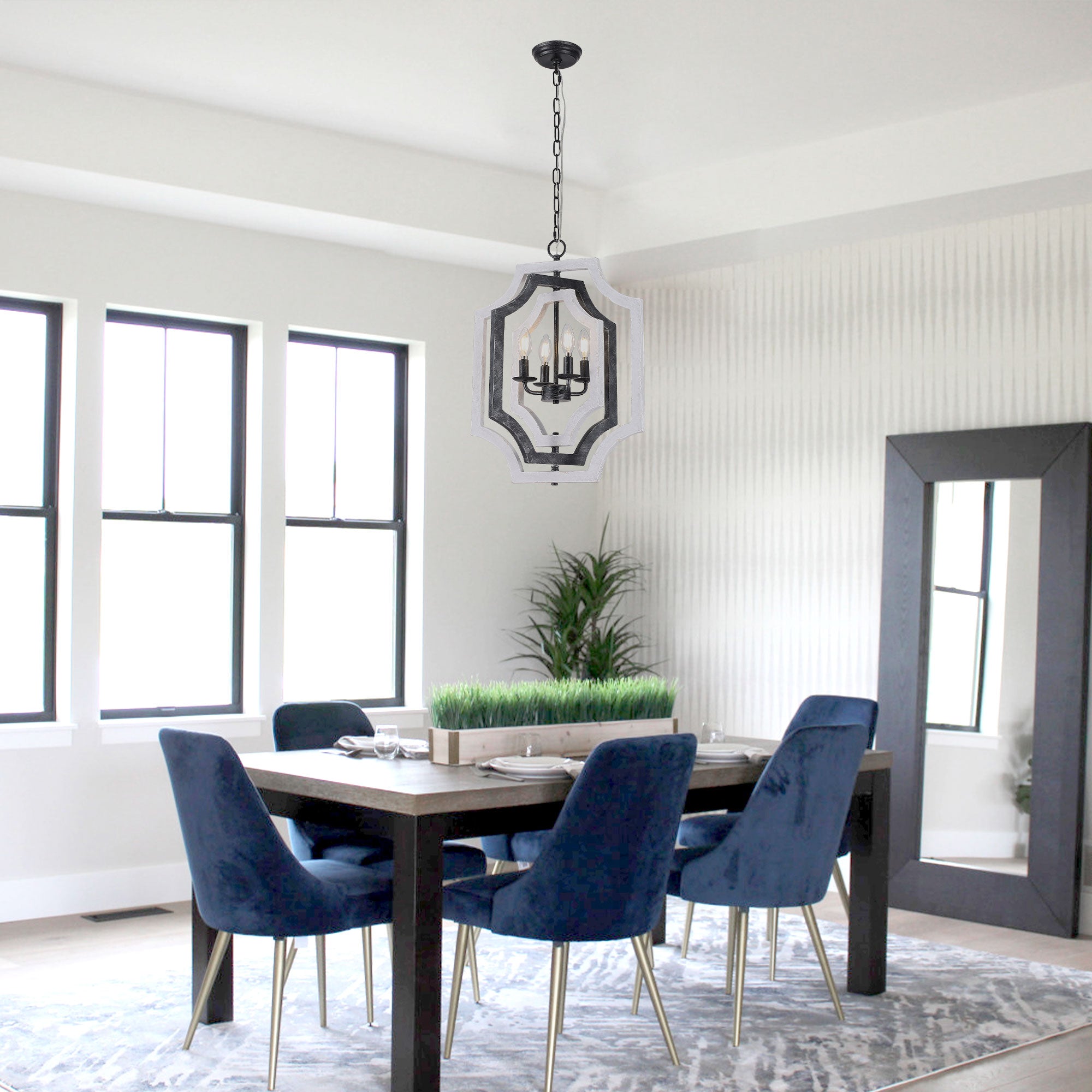 4 - Lights Distressed Wood Chandelier with Adjustable Chain, 16.9" Geometric Chandelier for Entryway with DIY Shade