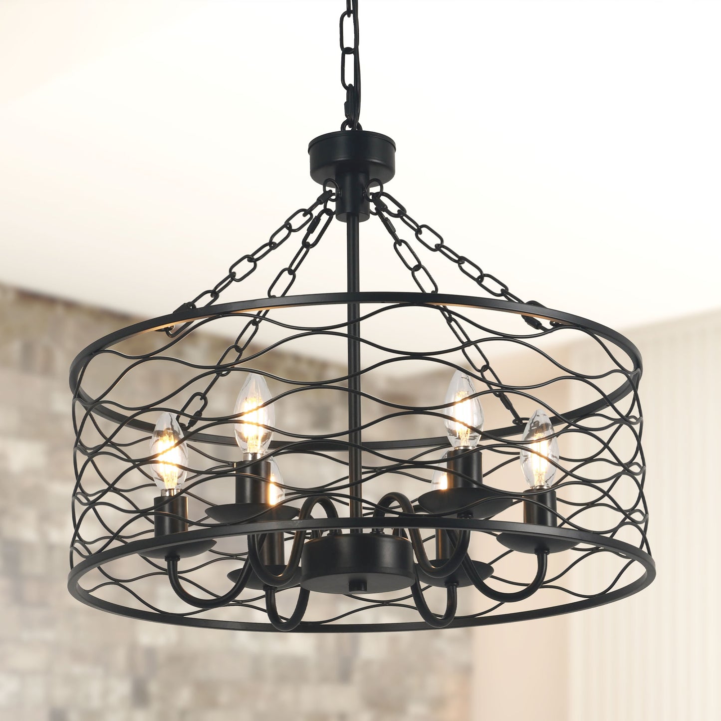 FC4081-Industrial Modern Design Metal Caged Chandelier, Geometric Pendant Light, with Light Kit and Adjustable Chain