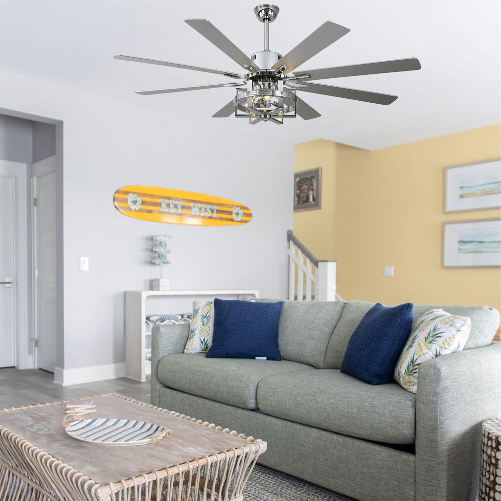 DC6501-BellaDepot 65" 8 Wooden Blades Black/Silver Finish Industrial Caged Reversible Ceiling Fan with Remote and 3 Lights, Large Size 6-speed Ceiling Fan