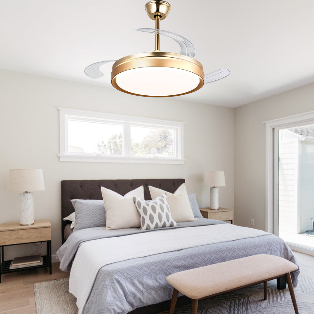 42 Inch Black/Gold/White Modern Retractable Ceiling Fan with LED Light and Remote, 6 Speeds DC Motor Bladeless Ceiling Fan for Bedroom