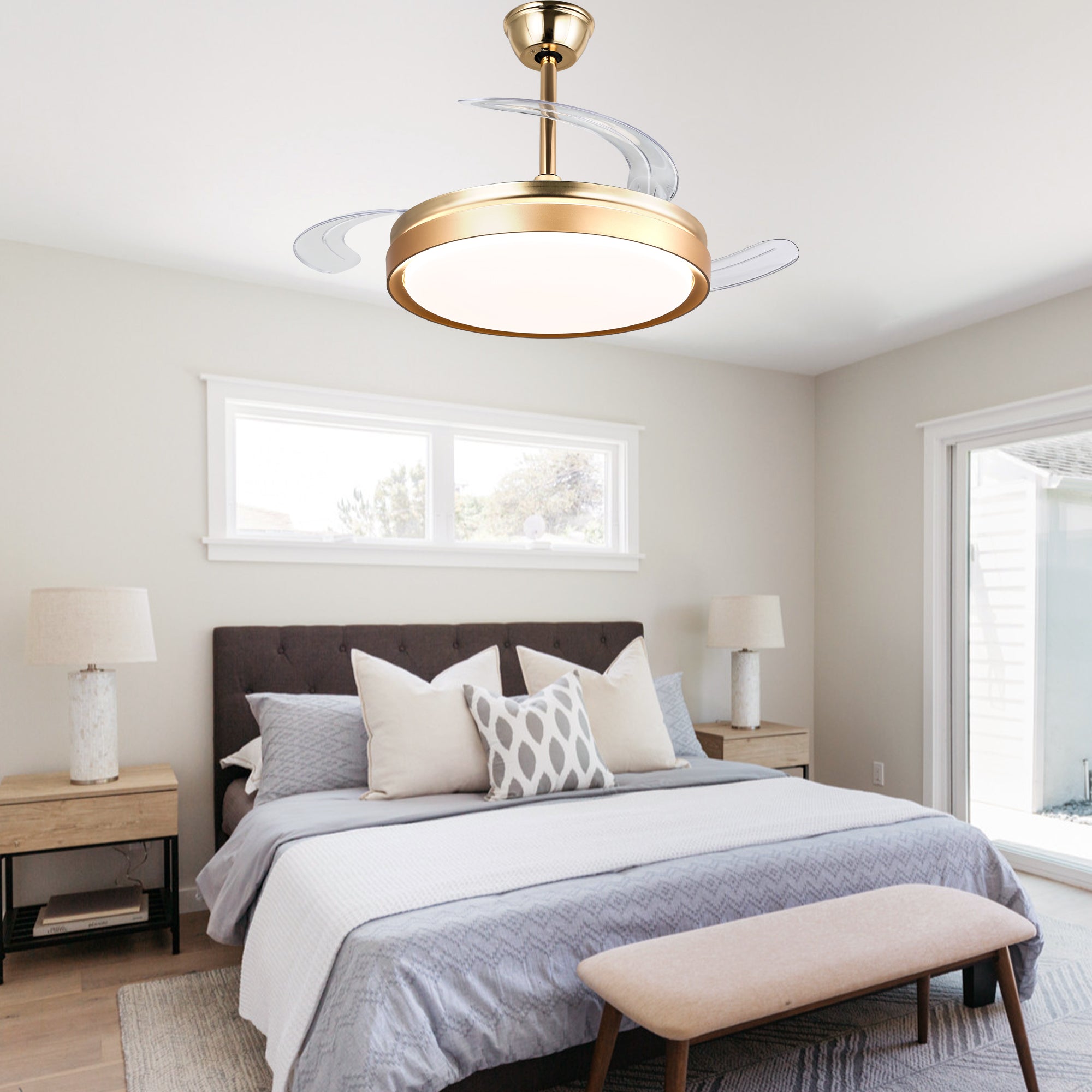 42 Inch Black/Gold/White Modern Retractable Ceiling Fan with LED Light and Remote, 6 Speeds DC Motor Bladeless Ceiling Fan for Bedroom