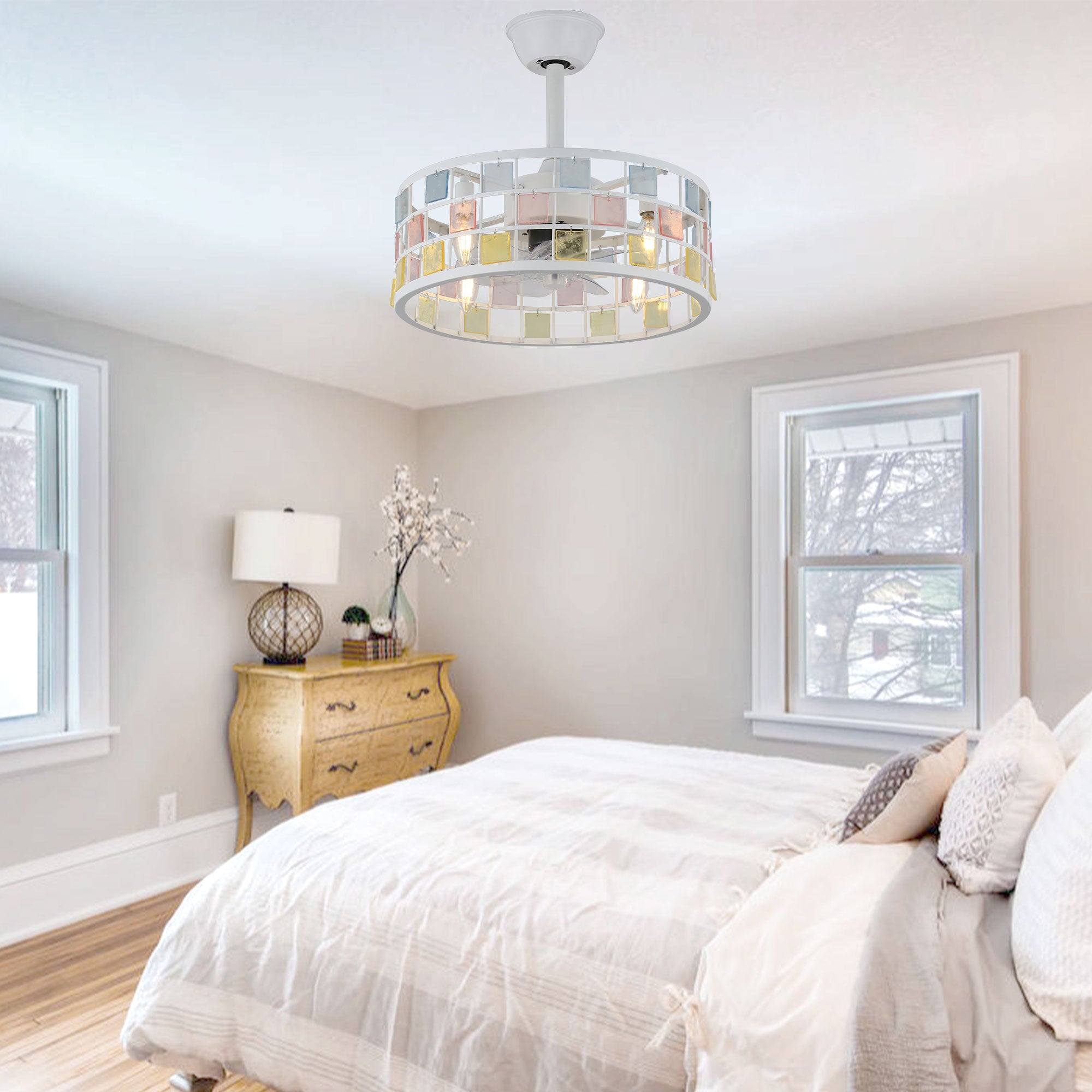 BD1813-BellaDepot 17.7" Black/White Finish Industrial Caged Reversible Ceiling Fan with 4 Lights and Remote