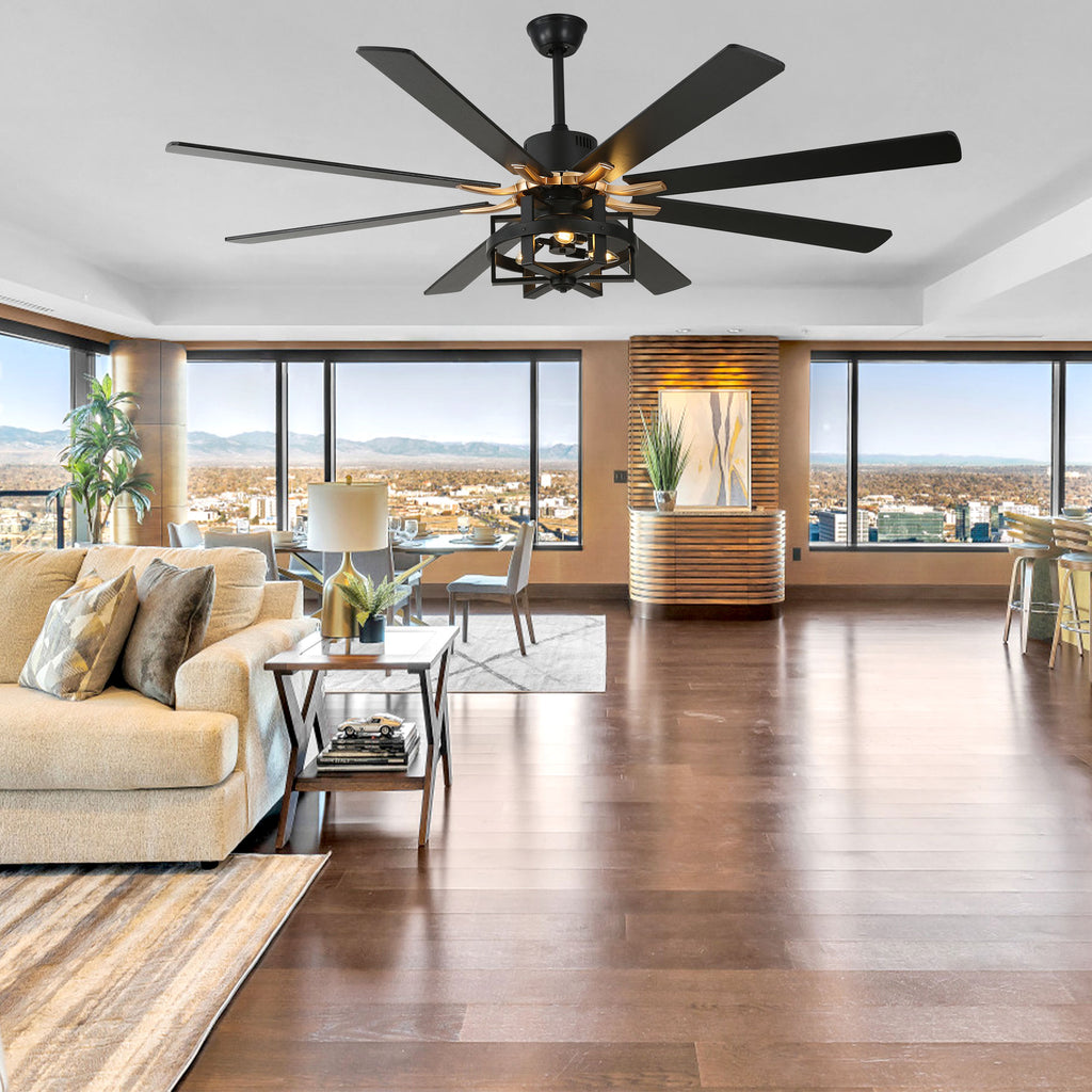 DC6501-BellaDepot 65" 8 Wooden Blades Black/Silver Finish Industrial Caged Reversible Ceiling Fan with Remote and 3 Lights, Large Size 6-speed Ceiling Fan