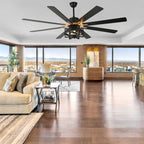 DC6501-BellaDepot 65" 8 Wooden Blades Black/Silver Finish Industrial Caged Reversible Ceiling Fan with Remote and 3 Lights, Large Size 6-speed Ceiling Fan