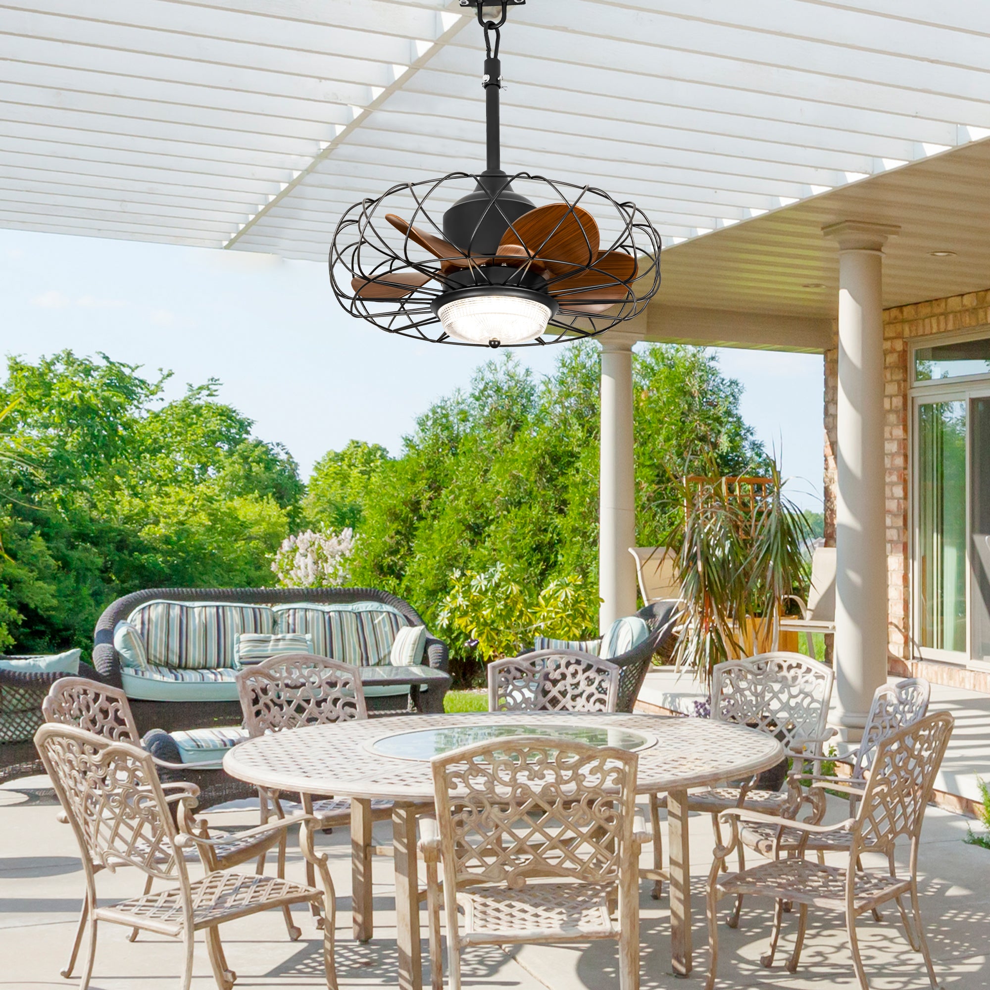 21 Inch Outdoor Caged Ceiling Fan with LED Light and Remote & APP Control, 6-Speed Reversible Modern Waterproof Industrial Ceiling Fan for Patio