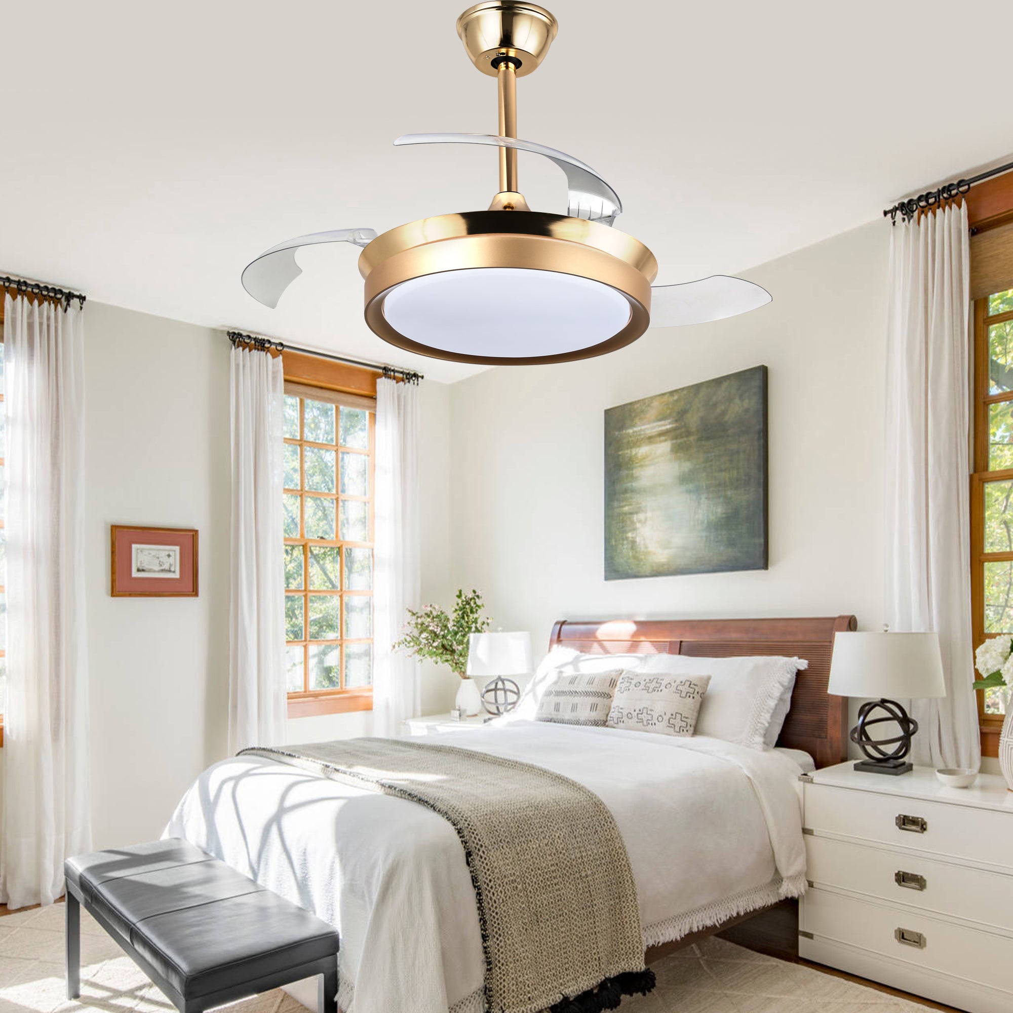 36 Inch Black/Gold/White Modern Smart Retractable Ceiling Fan with LED Light and Remote, 6 Speeds DC Motor Bladeless Ceiling Fan