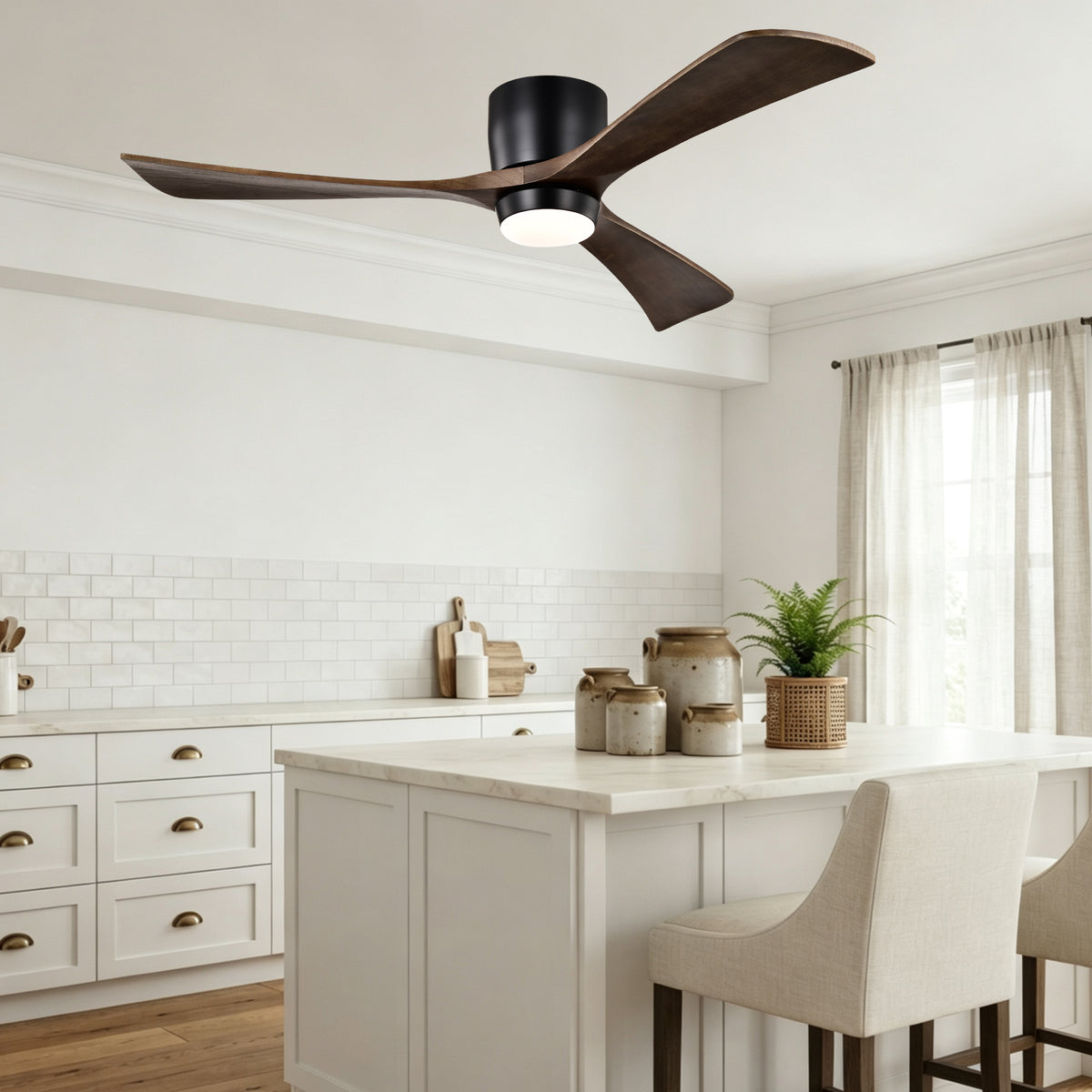 52 Inch Modern Farmhouse Matte Black Flush Mount eiling Fan with Lights & Remote Control, 6 Speed DC Motor Reversible Ceiling Fan