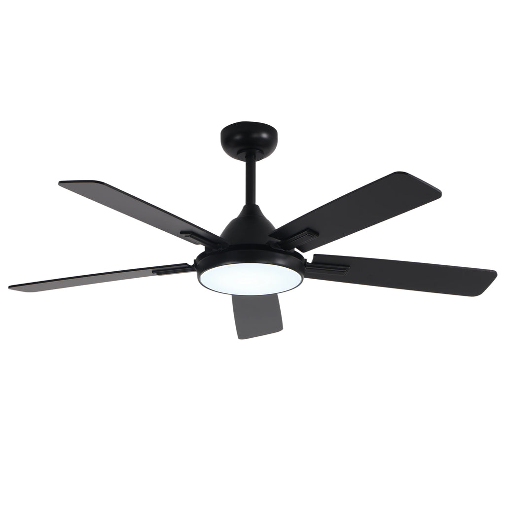 52 Inch Black Modern Ceiling Fan with LED Light, 6-Speed Reversible DC Motor, 5 Dual-Finish Wood Blades, Remote Control, Adjustable Height