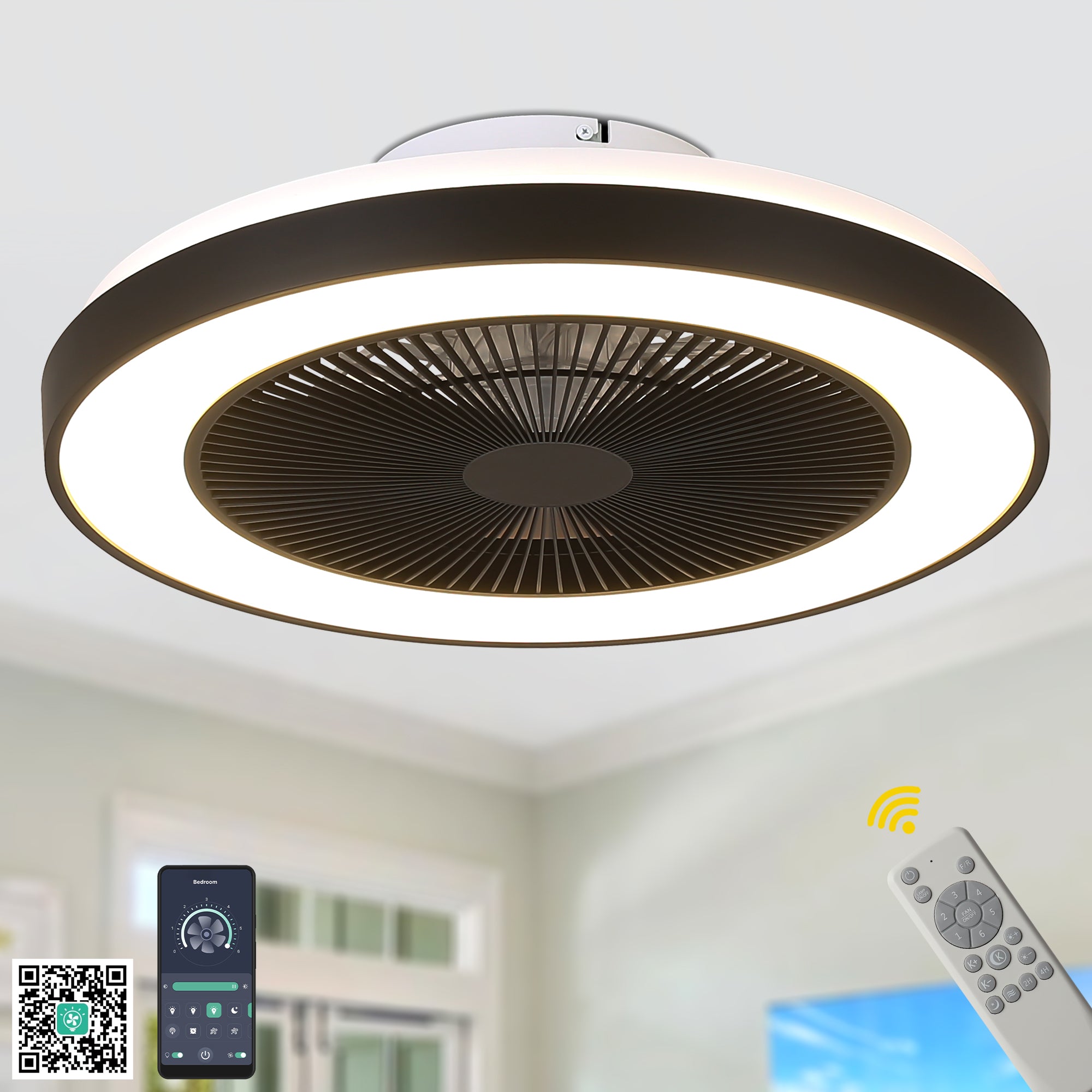 19 Inch Modern Smart Flush Mount Ceiling Fan with Dimmable LED Light and Remote, 6 Speeds DC Motor Bladeless Ceiling Fan for Low Profile with RGB Light