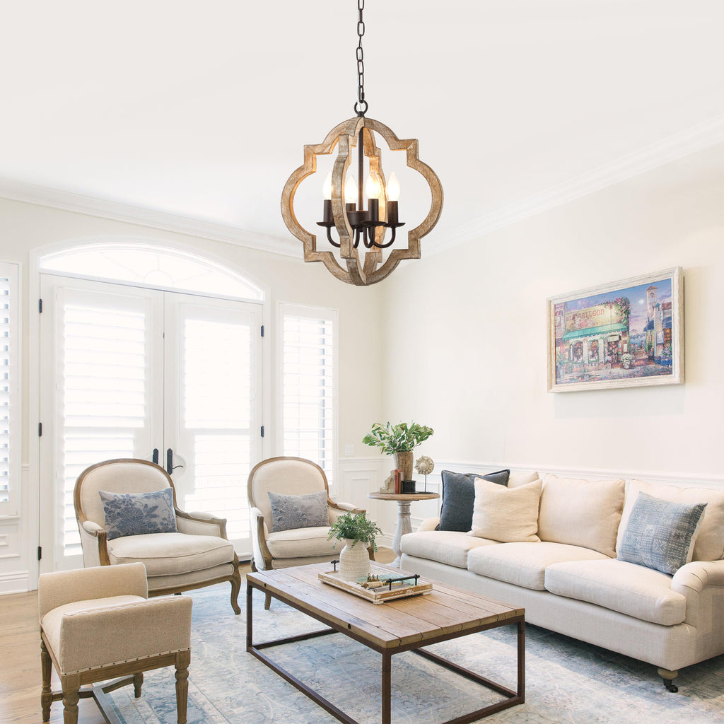 4 - Light Farmhouse Solid Wood Chandelier, Orb Geometric Chandelier Hanging Chandelier Wood Light Fixture Rustic Wooden Chandelier