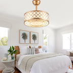 18 Inch Gold Drum Caged Ceiling Fan with Lights and Remote, 6 Speeds DC Motor Reversible Bladeless Fandelier Ceiling Fan
