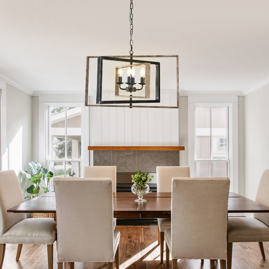 4 - Lights Industrial Geometric Chandelier, Farmhouse Wood Chandelier for Enrtyway with DIY Shape Height Adjustable