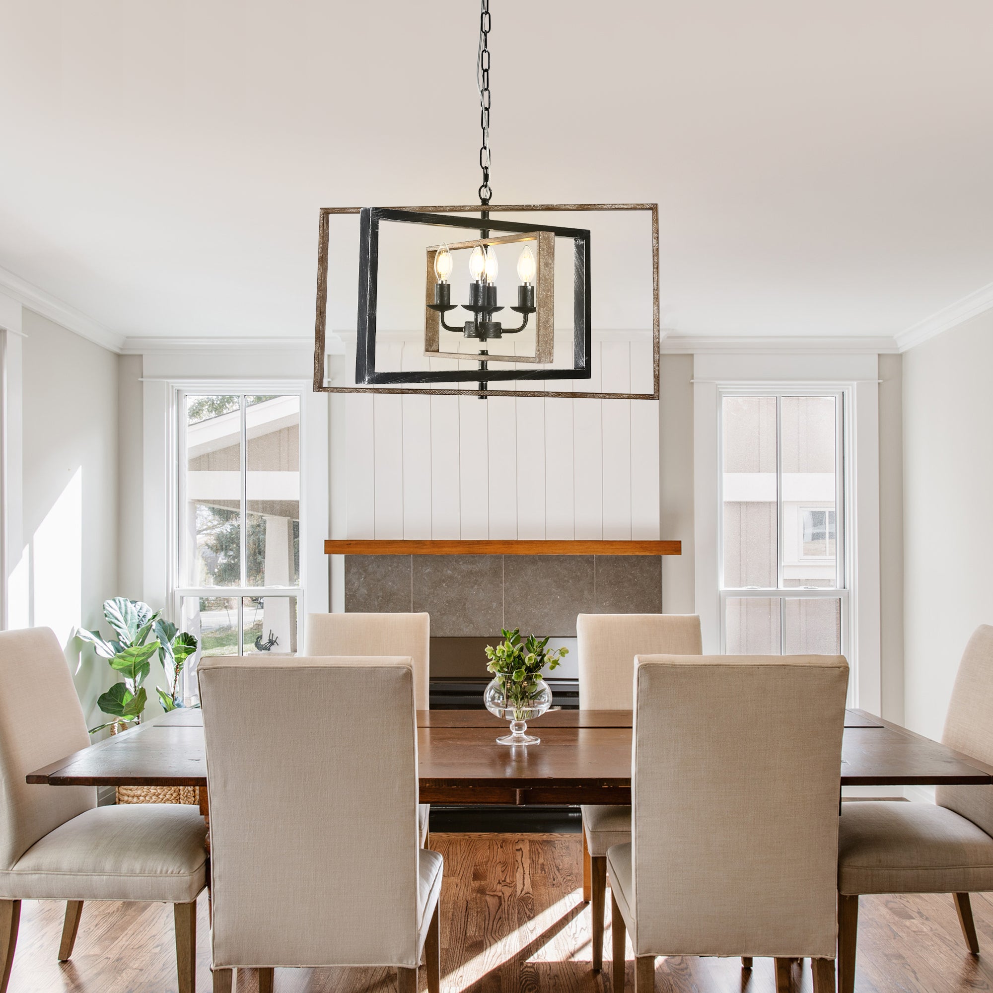 FC4114-BellaDepot 4 Lights Geometric Wood Chandelier, Height Adjustable Home Decoration Pendant Light