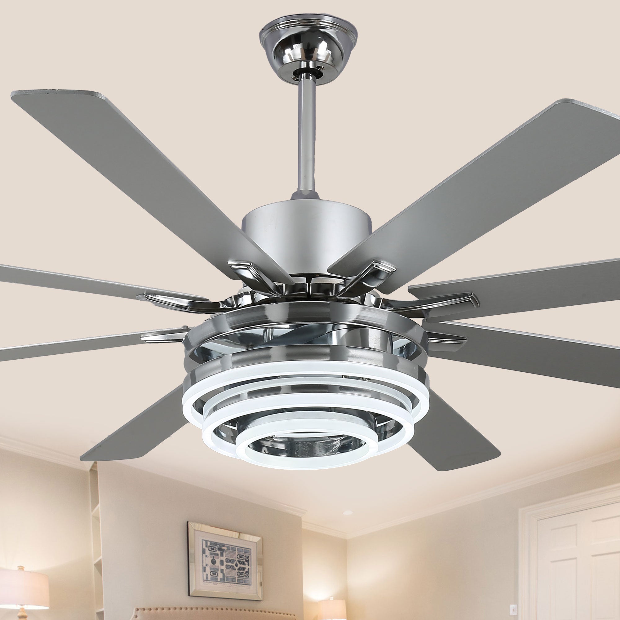DC7205-BellaDepot 72" 8 Blades Gold/Black/Silver Finish Modern Urban Reversible Ceiling Fan with Remote and LED Light Kit Included, Large Size Dimmable Ceiling Fan