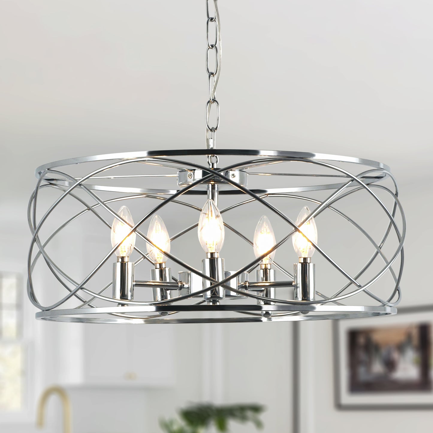 FC4076-Black/Silver Simple Linear Metal Caged Chandelier, Geometric Pendant Light, with Light Kit and Adjustable Chain