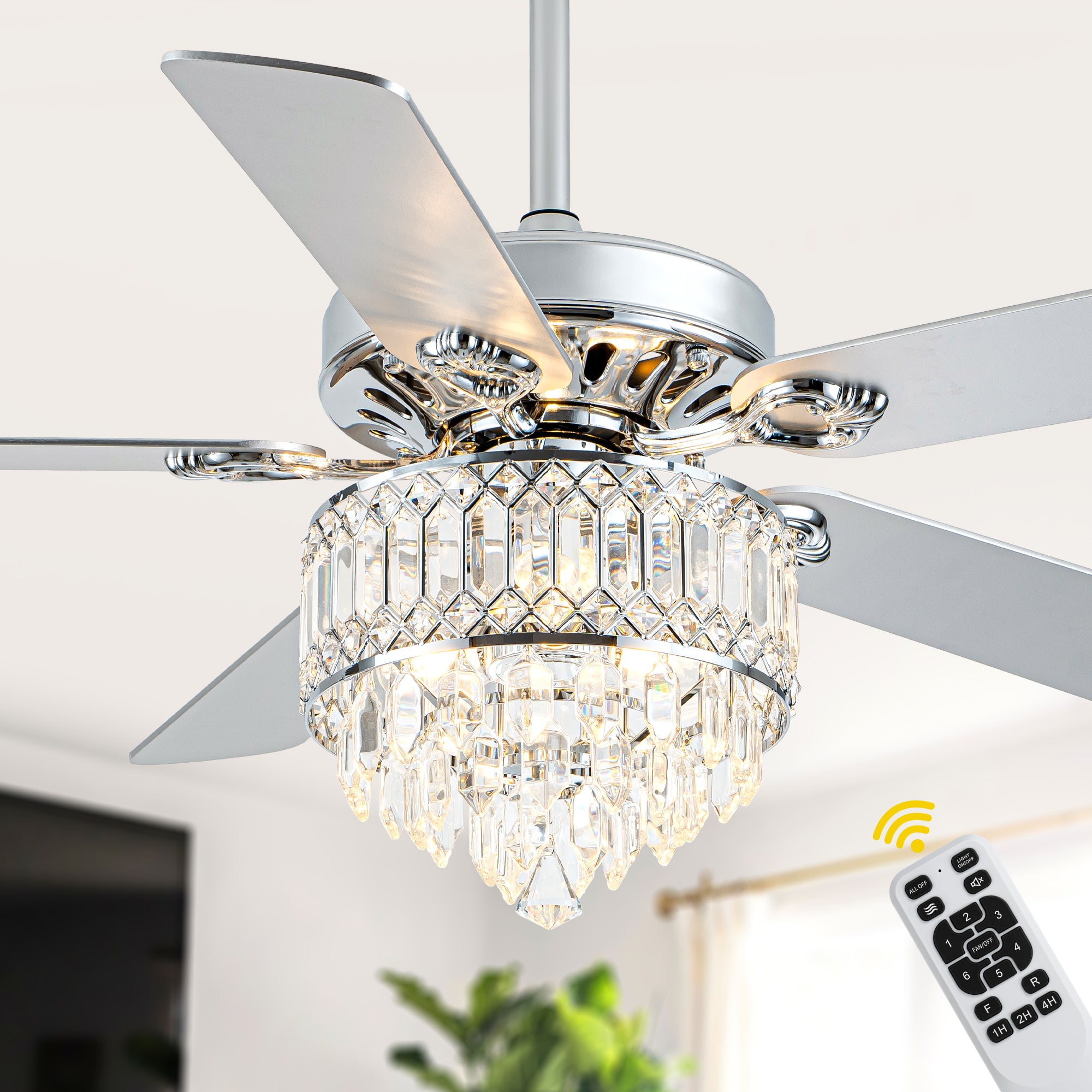 52 Inch Modern Luxury Crystal Ceiling Fan with Light and Remote Control, 6 Speeds DC Motor Chandelier Ceiling Fan for Living Room