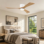 52 Inch Farmhouse Matte White Natural Wood Flush Mount Ceiling Fan with Lights & Remote Control, 6 Speed DC Motor Reversible Ceiling Fan