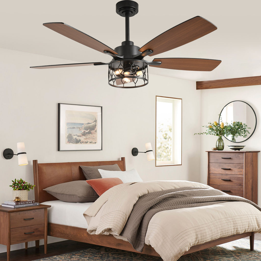 52 Inch Black Modern Ceiling Fan with Lights and Remote Control, 6 Speeds DC Motor Reversible Ceiling Fan for Living Room