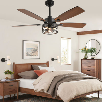 DC255201-B-BellaDepot 52" Designs of Nature's Metal Caged Ceiling Fan, 6 Speeds Remote-controlled Fan with Lights for Any Seasons