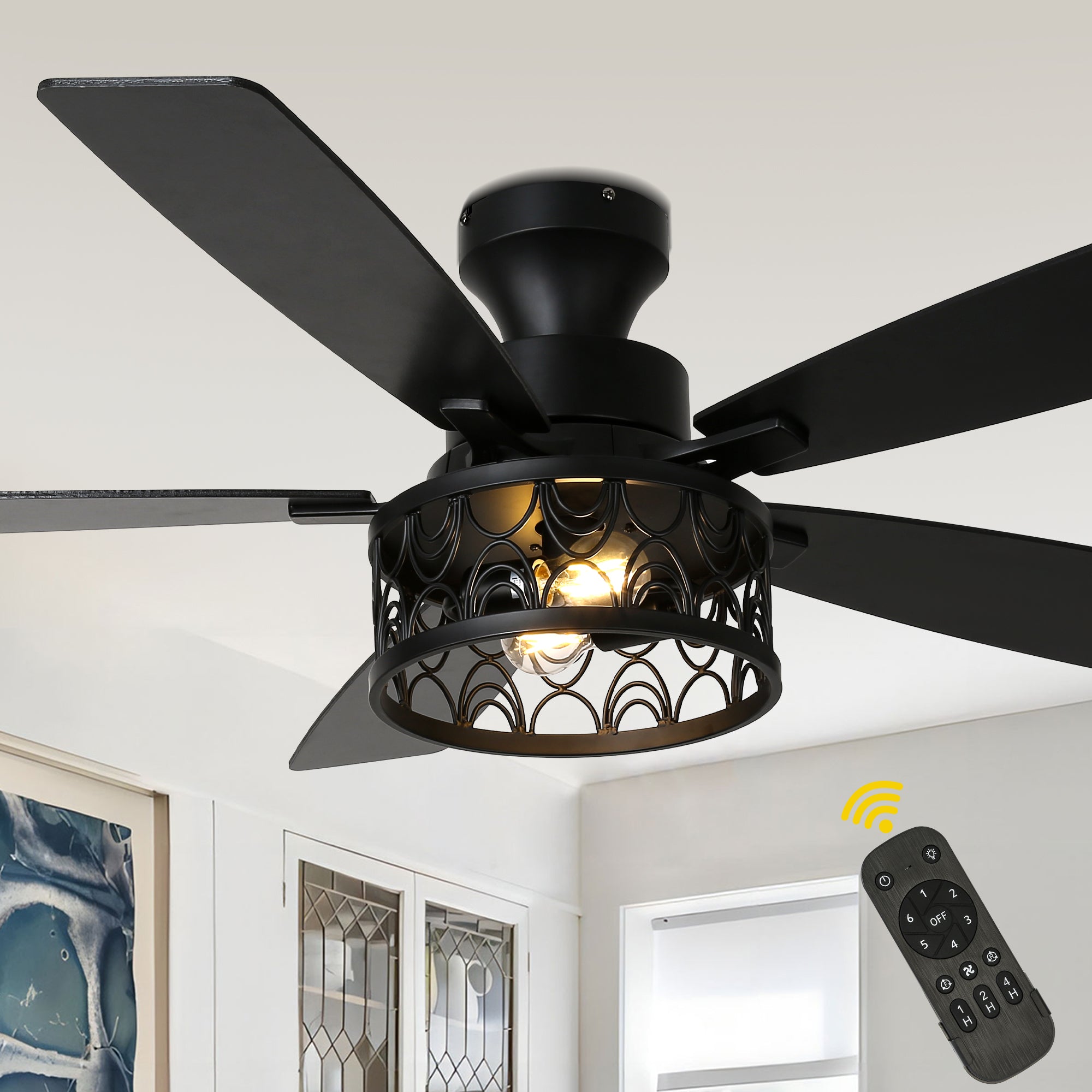 52 Inch Industrial Flush Mount Ceiling Fan with Lights and Remote Control, 6 Speeds Reversible Caged Ceiling Fan for Low Profile