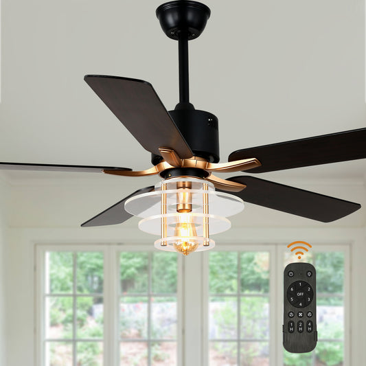 BellaDepot 52" Modern Black or Chrome Acrylic Shade Ceiling Fan with Remote Control, 5 Blades Standard Ceiling Fan with Lights - DC5222-B/C
