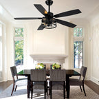 52 Inch Industrial Metal Caged Ceiling Fan with Lights and Remote Control, Silent DC Motor Fan for All Seasons