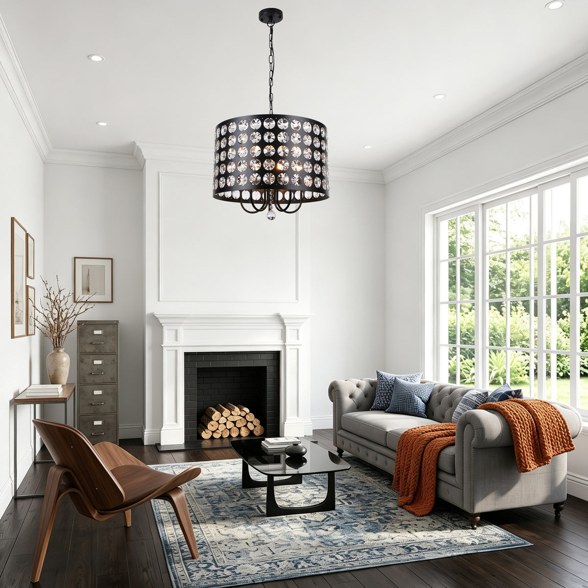 Crystal 20 Inch Metal Caged Chain Chandelier Luxurious  Modern with 5 Light Bulbs Chandelier Adjustable Chain Pendant Light Suit for Bedrooms, Kitchens, Dining Room
