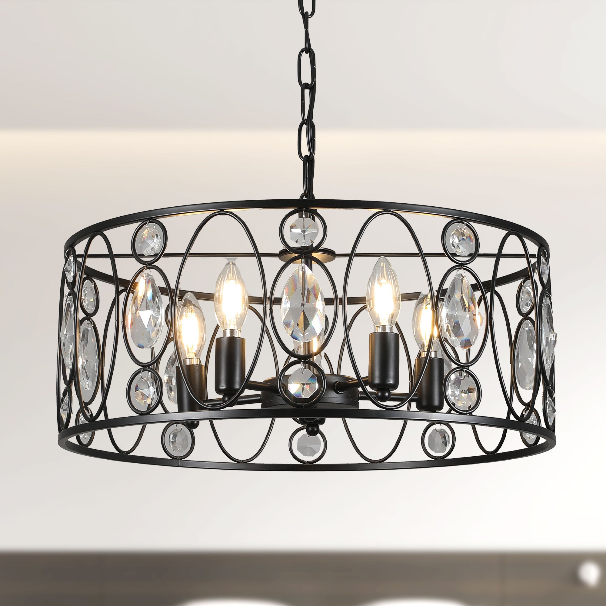 FC4086-BellaDepot 5 Lights Black/Silver Finish Glamorous Crystal Geometric Chandelier, Height Adjustable Iron Pendant Light