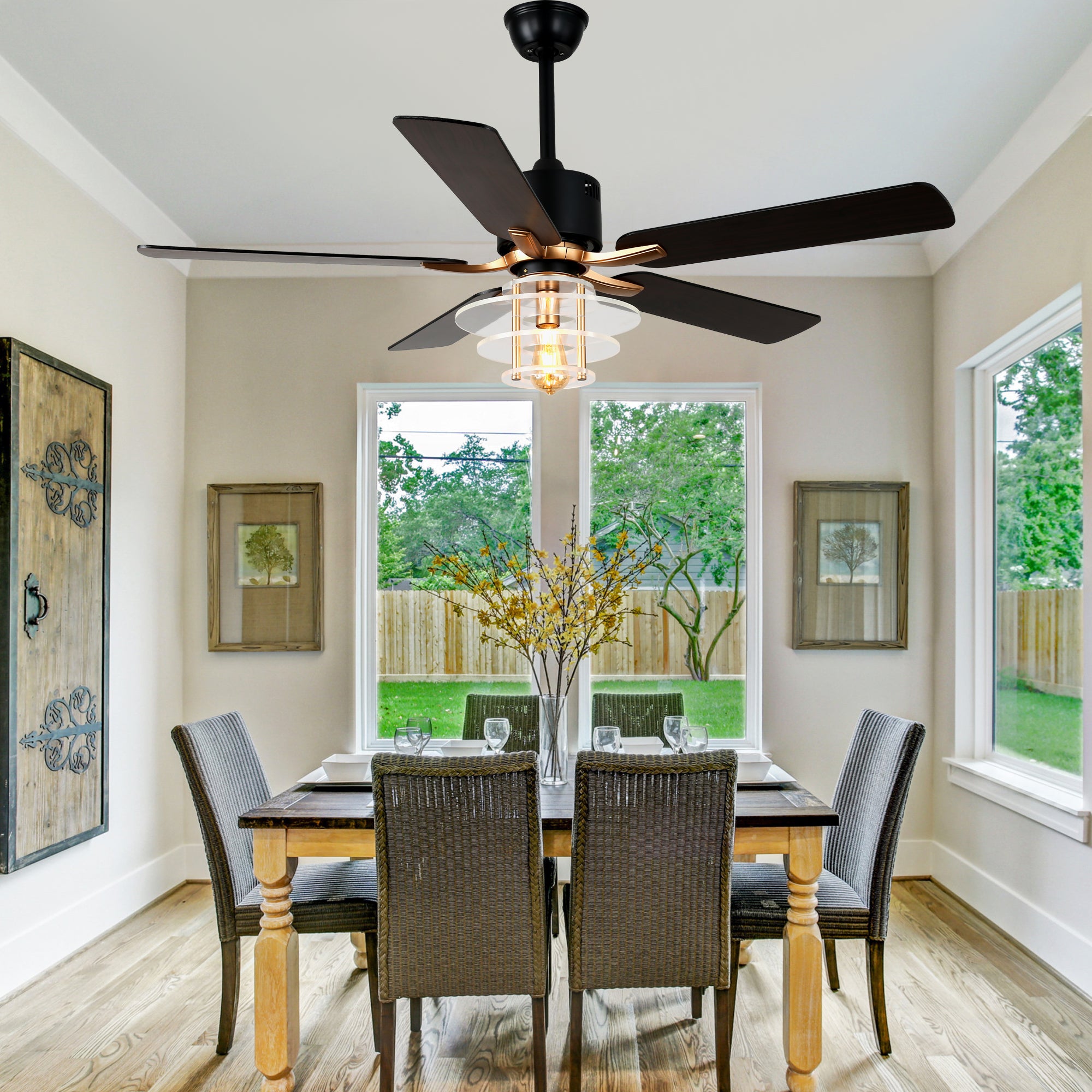 DC5222-B/C-BellaDepot 52" Modern Black or Chrome Acrylic Shade Ceiling Fan with Remote Control, 5 Blades Standard Ceiling Fan with Lights