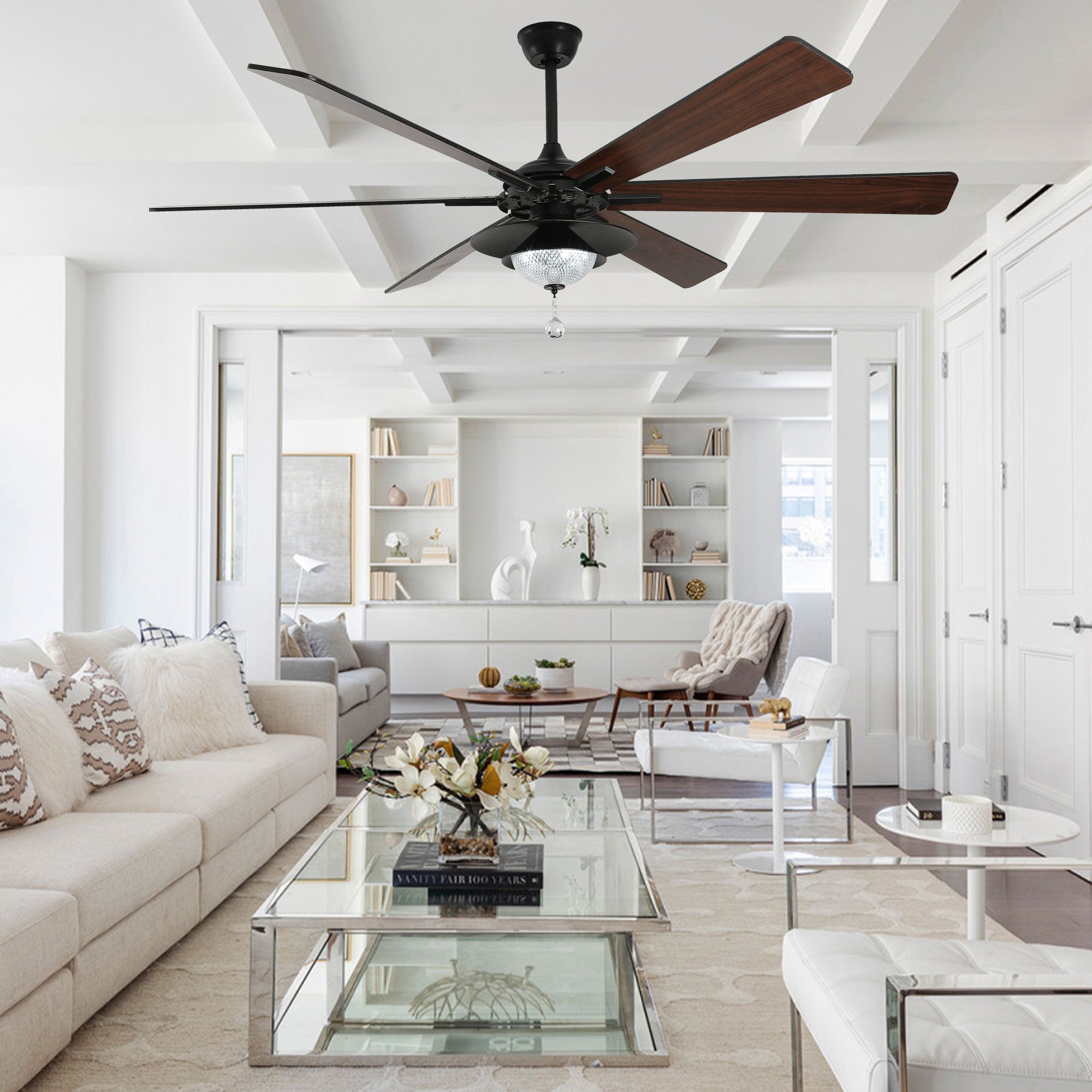 DC7204-BellaDepot 72" Silver/Black Finish Modern Urban Crystal Reversible Ceiling Fan with Remote and LED Light Kit, Large Size Ceiling Fan